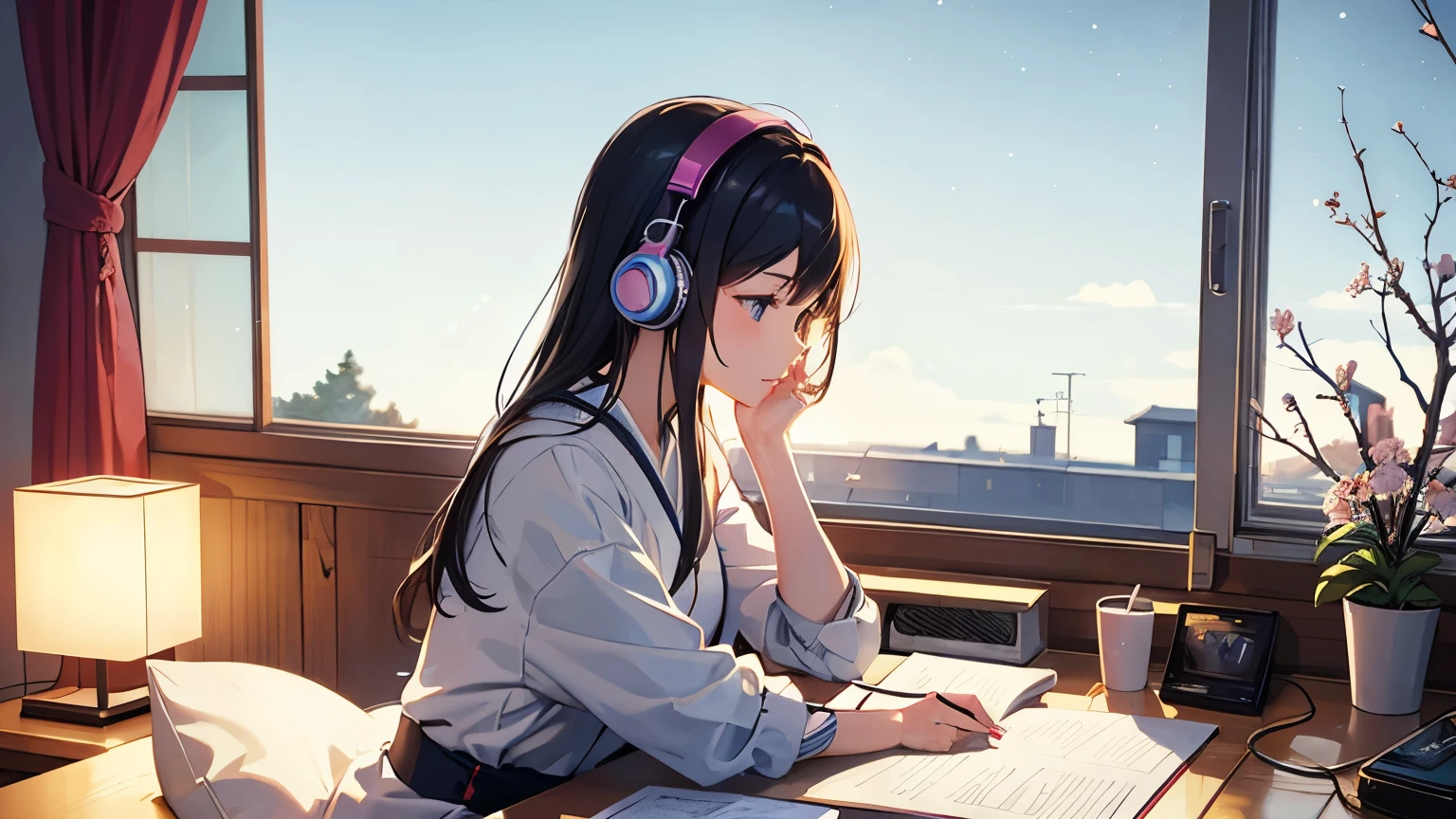 Beautiful girl studying in her room while listening to music on headphones、Warm lighting、Outside the room is a night view、Japanese anime style