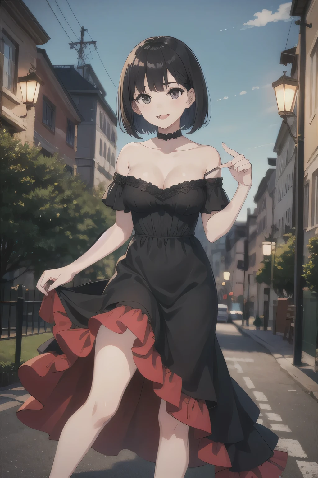 one-girl,medium breasts,cleavage,looking at viewers,portrait, short black hair,bob cut, black eyes, strapless, Red and Black dress, Off-the-shoulder attire,City streets, smile, sunny day, 2D illustration,