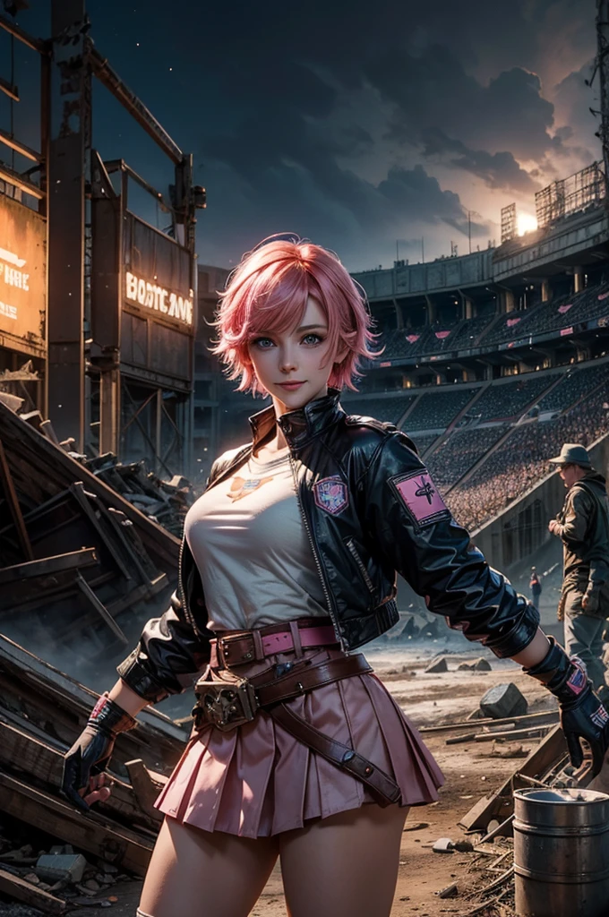  1girl,cowboy shot, beautiful nora_valkyrie, looking at viewer, smile, short hair, blue eyes,heart design on t-shirt, gloves,  jacket, pink skirt, pink belt, short sleeves, puffy sleeves, single armband, fingerless gloves, short hair, orange hair, pink gloves, dynamic pose, night, lightning, standing inside ruins of empty stadium, rubble, cracked ground, stream, snow-covered stadium, post-apocalypse, dystopian future, crowd, (crowd in military uniforms), bonfires, (volumetric lighting), best quality, masterpiece, intricate details, tonemapping, sharp focus, hyper detailed, trending on Artstation,