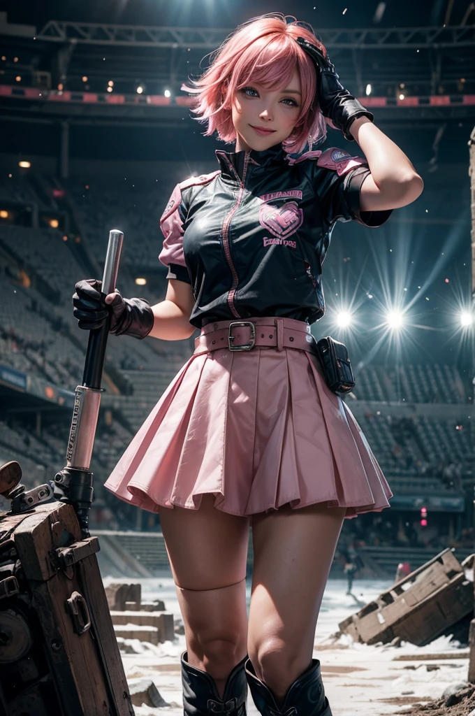  1girl,cowboy shot, beautiful nora_valkyrie, looking at viewer, smile, short hair, blue eyes,heart design on t-shirt, gloves,  jacket, pink skirt, pink belt, short sleeves, puffy sleeves, single armband, fingerless gloves, short hair, orange hair, pink gloves, dynamic pose, night, lightning, standing inside ruins of empty stadium, rubble, cracked ground, stream, snow-covered stadium, post-apocalypse, dystopian future, crowd, (crowd in military uniforms), bonfires, (volumetric lighting), best quality, masterpiece, intricate details, tonemapping, sharp focus, hyper detailed, trending on Artstation,
