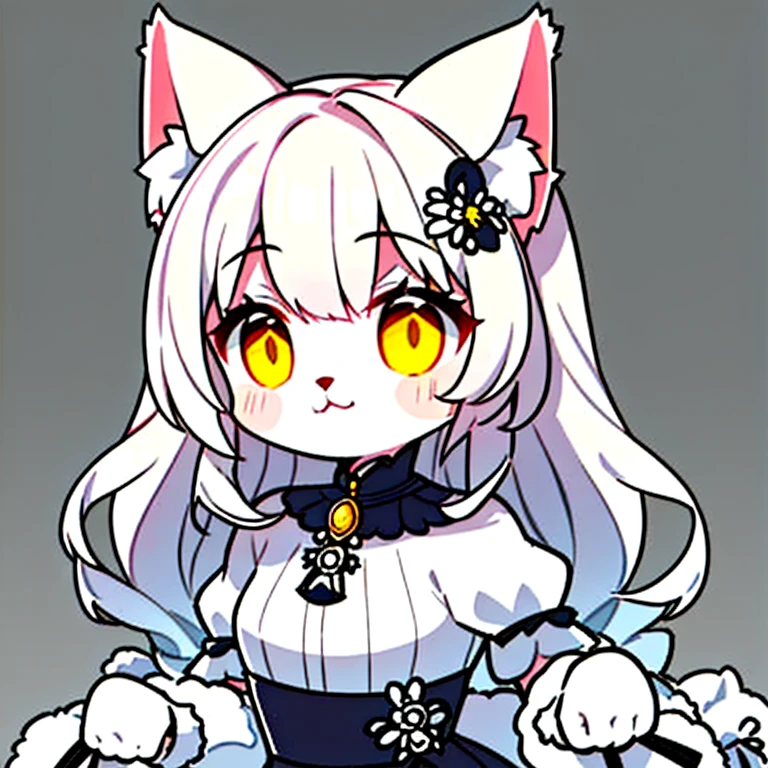 One grown-up girl,Cat ears,(Little:1.2),Furry, White fur, Super cute face, Yellow elements in fur, Dark Dress, Highly detailed hair,