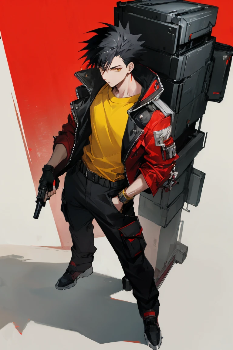 ((highest quality)), ((masterpiece)), (be familiar with), 1 male, alone, Black Hair,Spiky Hair,cargo pants,Red jacket,Yellow Shirt,Large,Fingerless Gloves, cyber punk,SF,Handgun
