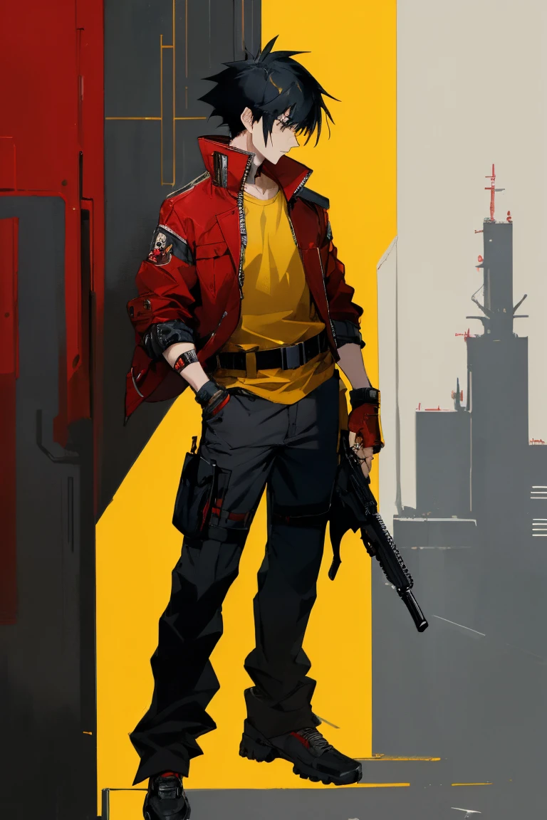 ((highest quality)), ((masterpiece)), (be familiar with), 1 male, alone, Black Hair,Spiky Hair,cargo pants,Red jacket,Yellow Shirt,Large,Fingerless Gloves, cyber punk,SF,Handgun