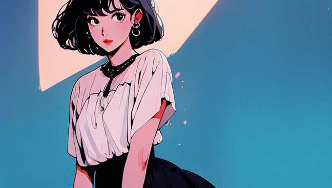 whole body, Upper Body、Short Bob、One beautiful woman, 4K, Dark colors , White blouse、skirt, Jazzy Background、