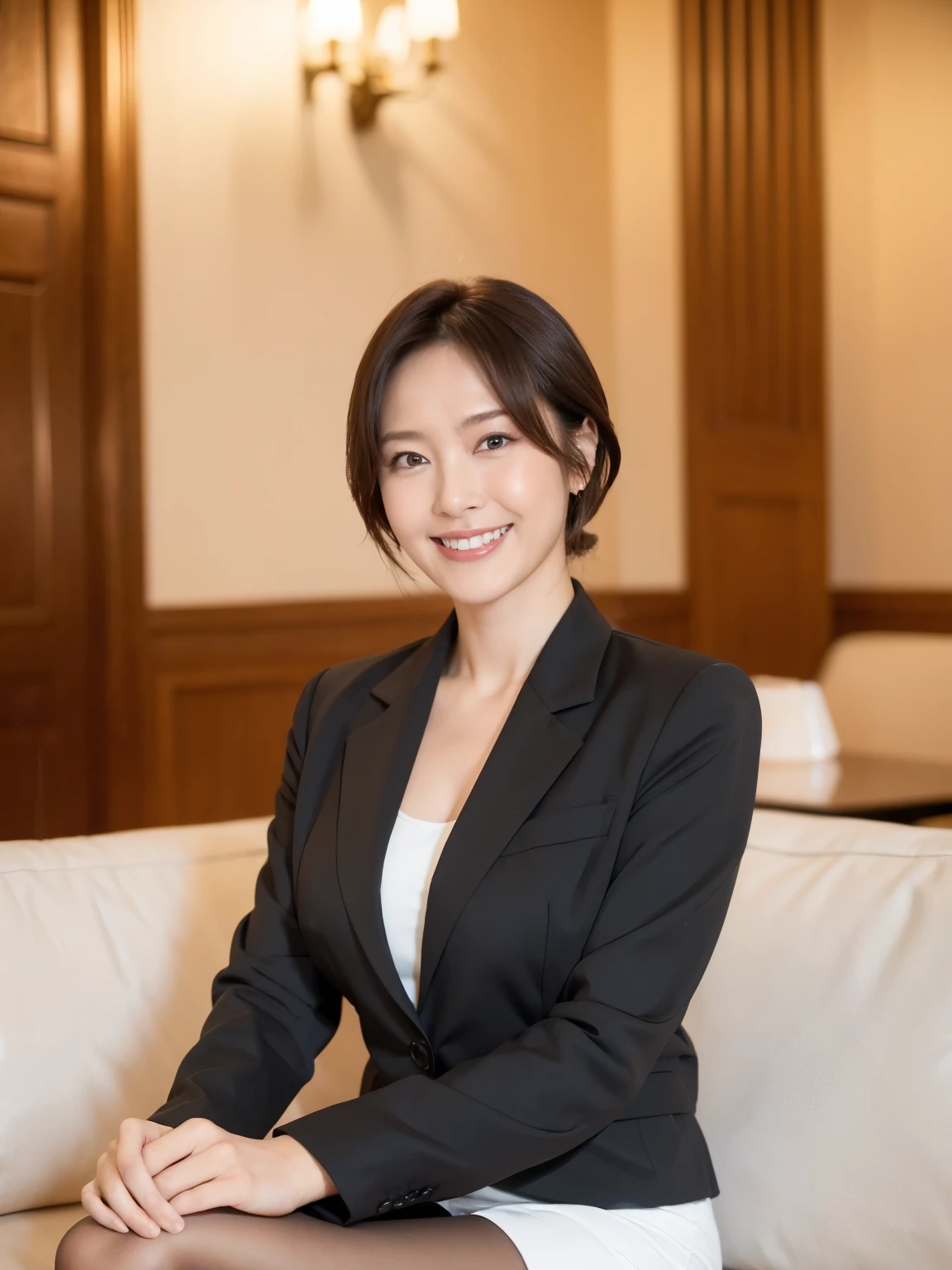 最high quality, In 8K, Masseter region, Vibrant, Sharp focus, high quality, High resolution, Detailed face, fine grain, (Looking at the audience), alone, Beautiful woman, 38 years old, (standard body type)、(D cup breasts)、(Short black hair:1.5), Cleavage、(State-of-the-art 5-star hotel lobby:1.6)、 (Sit on a large sofa:1.6)、(White Business Jacket:1.6)、(White pencil skirt:1.5)、(Black pumps)、pantyhose、(smile:1.5)、(Short black hair:1.3)