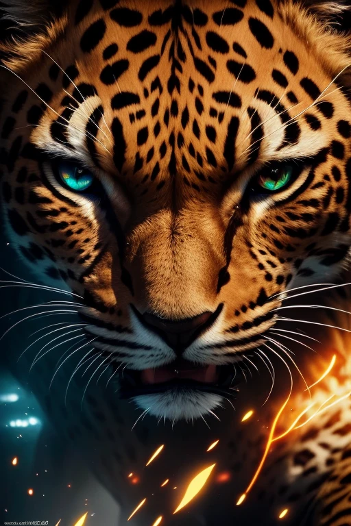 closeup of leopard muzzle with glowing eyes, digital art, [photography by adam marczyński]: 1.7 fantasy, cinematic 8k uhd, ready to leap, to attack, hunting, forest demon portrait, 3 d render bipl, with glowing yellow-red eyes, beautiful art uhd 4 k, looks into camera, ((3 d epic illustrations))