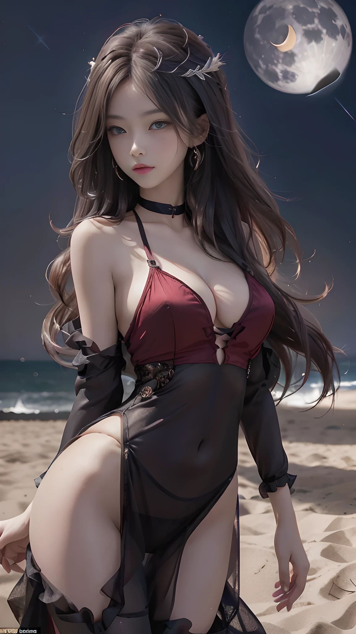 full hd 8k, Girl standing in front of a dark night scene, full moonlight reflecting on her beautiful face. Her long, silky hair was gently blown by the night wind, creating a gentle and romantic feeling. She is walking on a large beach. She looked up at the starry sky, as if searching for something, her eyes showing a pensive and look. The full moon shines in the night sky creating a beautiful scene. The girl has long, silky hair, creating a luxurious and noble beauty. The moonlight shines on the girl's delicate face, highlighting her large, round light brown eyes, creating a natural, gentle beauty. She wore a little sexylyd dress to create a sexy beau Her plumble breasts wered, revealing her plumble and extremely sexy breasts. Theseages detailed panoramic portraits and views of the sky and sea. All create a beautiful, wonderful picture that makes people unable to take their eyes off the scene. All of these details are depicted clearly and sharply, creating sexyly poses,