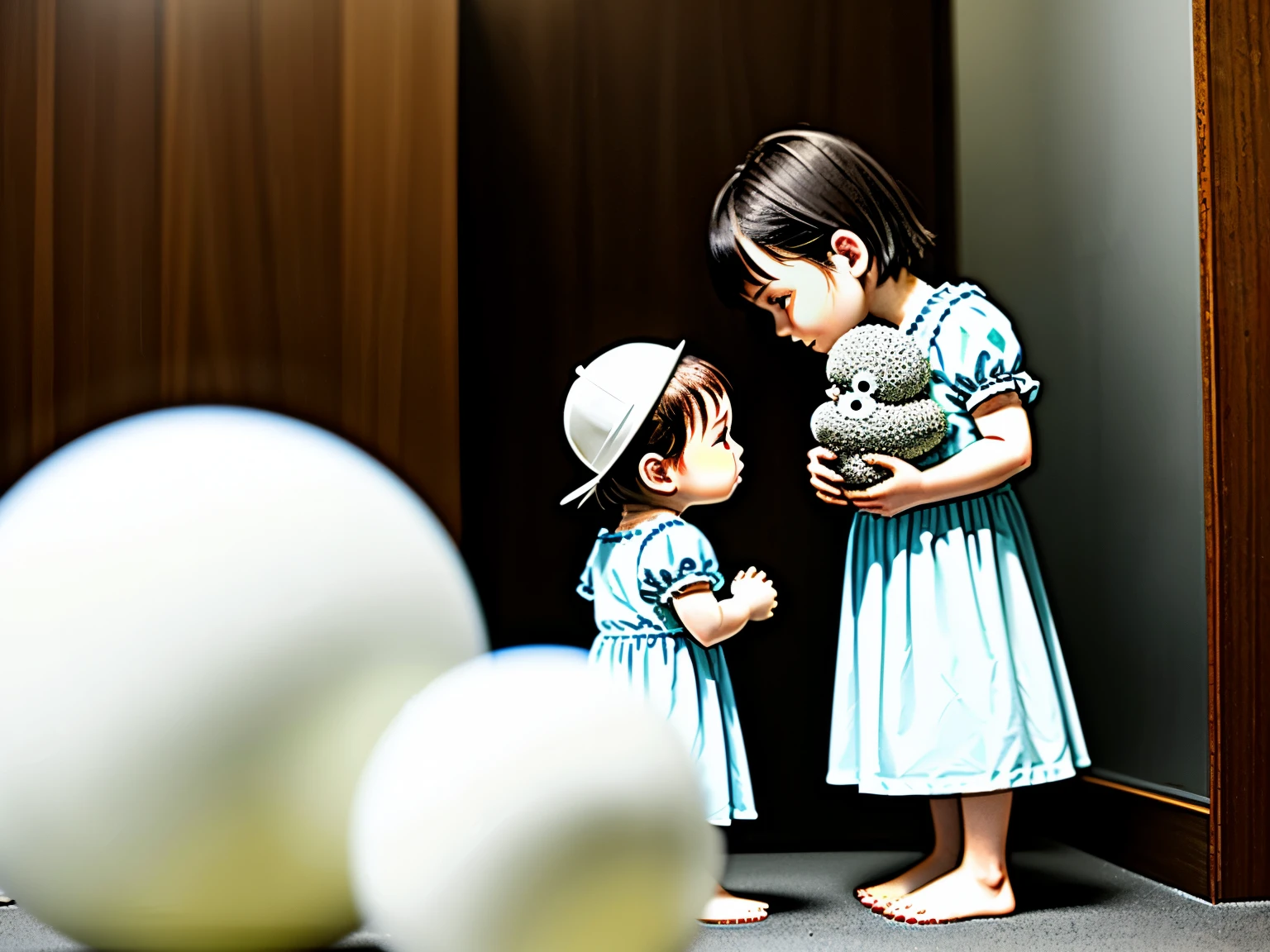 1. Scene description: - (Illustration of a baby and its sister)、baby is a boy、(My sister is a 3-year-old .:1.6)、Baby sitting on the floor and crying、Her sister was next to her, holding a deformed stuffed rabbit.(Standing glaring at the baby:1.5)、
- Detailed baby characteristics:tatenai、Can't stand、Crawl、 I'm wearing a diaper、Wearing white underwear、
- Detailed characteristics of my sister: Wearing a white dress、I'm wearing white socks、Medium Hair、
- Additional details: My sister also has a pouty face and looks like she's about to burst into tears.、
2.material: ·An illustration:Characters are depicted by hand.、 - Media: High resolutionのデジタル イラスト、 - Artistic style: Daily 3. Scene details: - White Room、 - Lighting: Dramatic lighting casts shadows、Illuminates the character's facial features、 -atmosphere: Mysterious and fascinating、Full of expectations、
4.image quality: - highest quality、High resolution:(highest quality、High resolution) - Super detailed:(Super detailed) - Realisticなスタイル: (Realistic) - Bright colors:(Bright colors)
5. Color Palette: - Main color: White 6. Overall prompt: Baby is crying、Older sister takes away baby's favorite stuffed rabbit、My sister was standing there glaring at the baby.