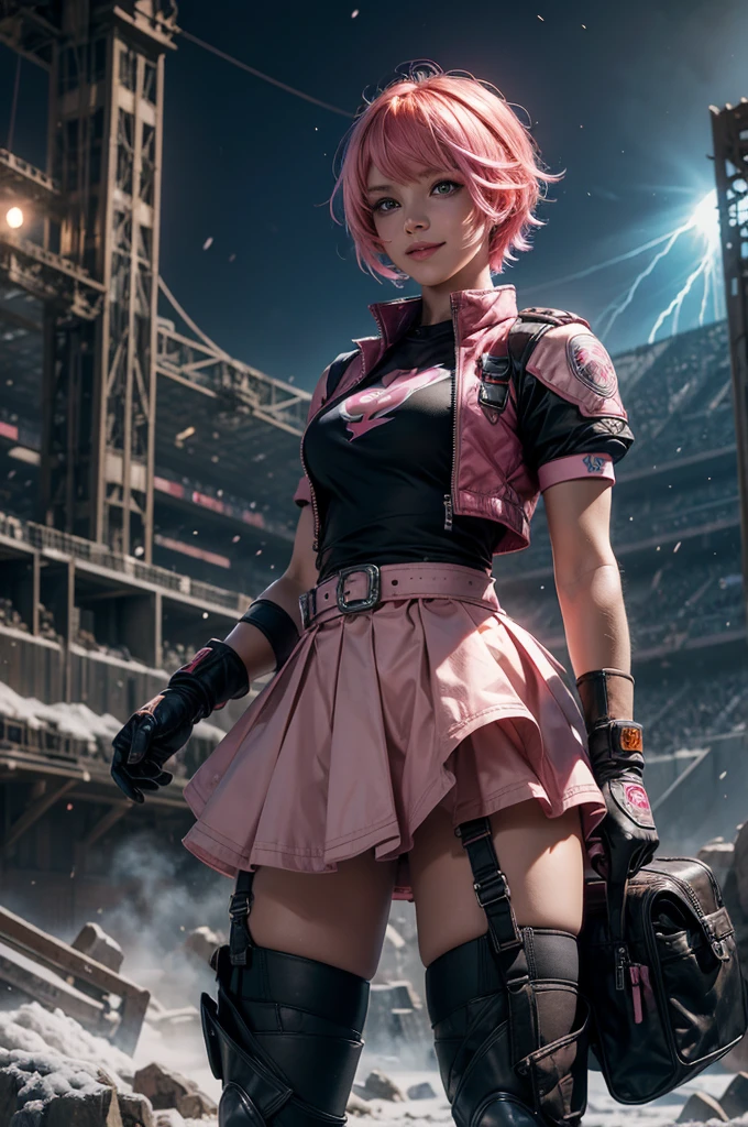 1girl,cowboy shot, beautiful nora_valkyrie, looking at viewer, smile, short hair, blue eyes,heart design on t-shirt, gloves, jacket, pink skirt, pink belt, short sleeves, puffy sleeves, single armband, fingerless gloves, short hair, orange hair, pink gloves, dynamic pose, night, lightning, standing inside ruins of empty stadium, rubble, cracked ground, stream, snow-covered stadium, post-apocalypse, dystopian future, crowd, (crowd in military uniforms), bonfires, (volumetric lighting), best quality, masterpiece, intricate details, tonemapping, sharp focus, hyper detailed, trending on Artstation,