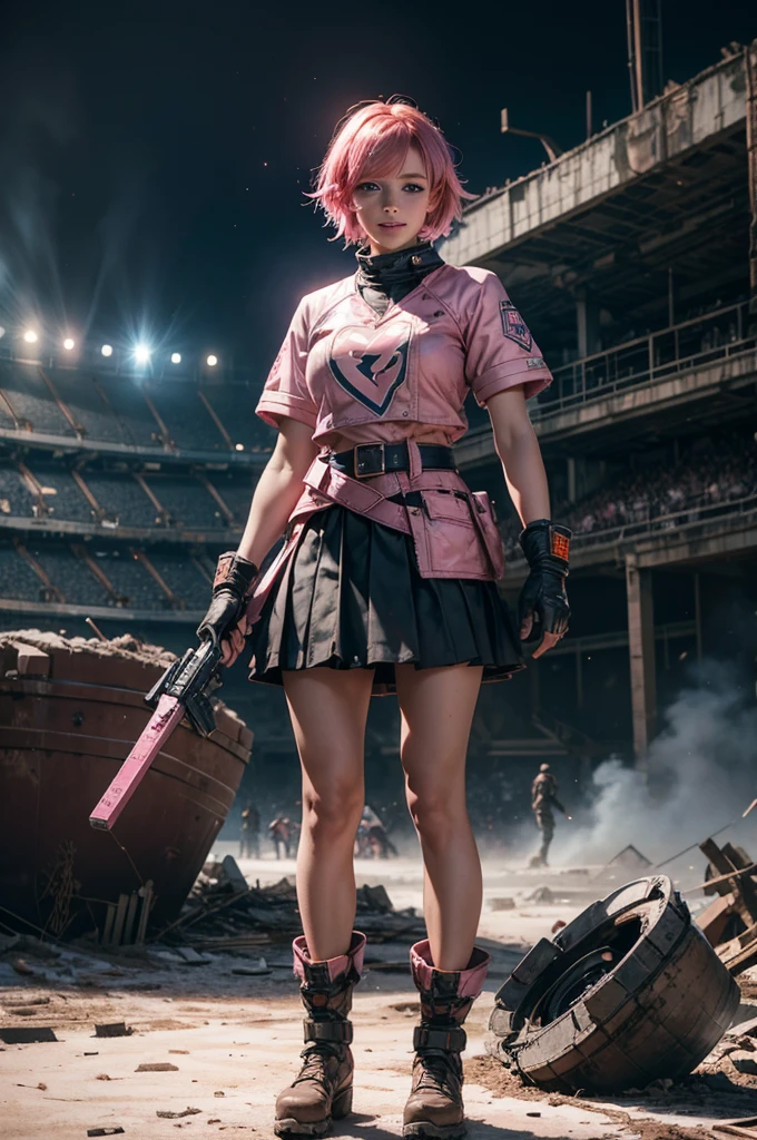 1girl,cowboy shot, beautiful nora_valkyrie, looking at viewer, smile, short hair, blue eyes,heart design on t-shirt, gloves, jacket, pink skirt, pink belt, short sleeves, puffy sleeves, single armband, fingerless gloves, short hair, orange hair, pink gloves, dynamic pose, night, lightning, standing inside ruins of empty stadium, rubble, cracked ground, stream, snow-covered stadium, post-apocalypse, dystopian future, crowd, (crowd in military uniforms), bonfires, (volumetric lighting), best quality, masterpiece, intricate details, tonemapping, sharp focus, hyper detailed, trending on Artstation,