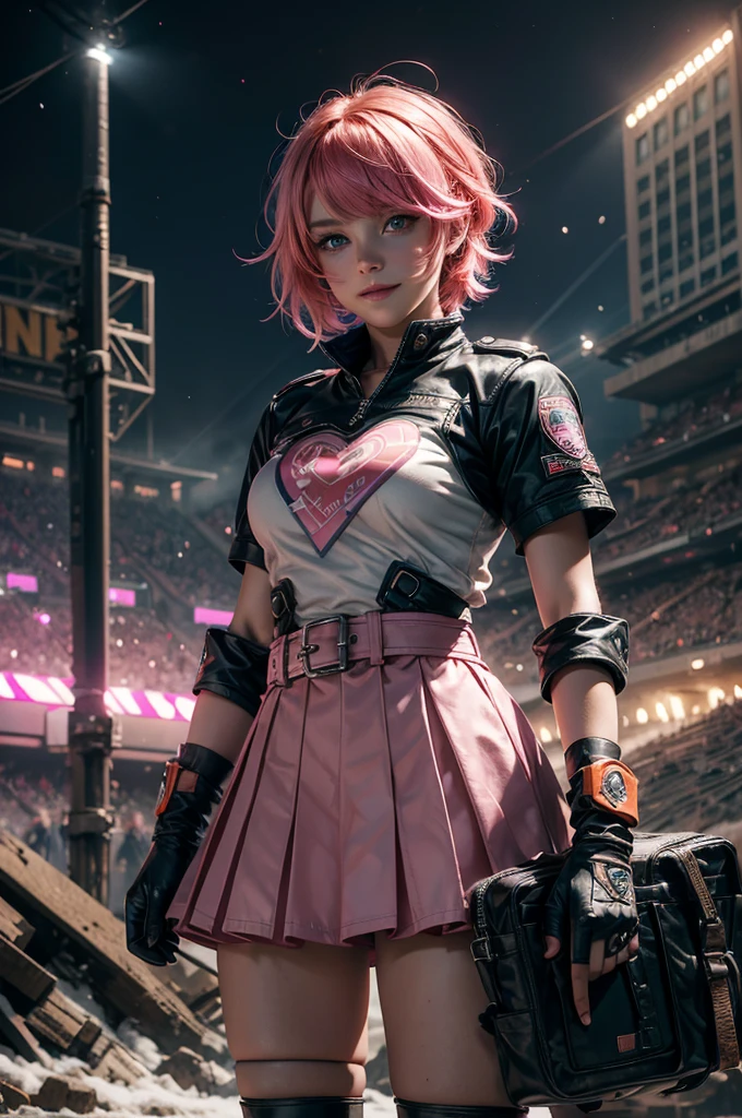  1girl,cowboy shot, beautiful nora_valkyrie, looking at viewer, smile, short hair, blue eyes,heart design on t-shirt, gloves,  jacket, pink skirt, pink belt, short sleeves, puffy sleeves, single armband, fingerless gloves, short hair, orange hair, pink gloves, dynamic pose, night, lightning, standing inside ruins of empty stadium, rubble, cracked ground, stream, snow-covered stadium, post-apocalypse, dystopian future, crowd, (crowd in military uniforms), bonfires, (volumetric lighting), best quality, masterpiece, intricate details, tonemapping, sharp focus, hyper detailed, trending on Artstation,