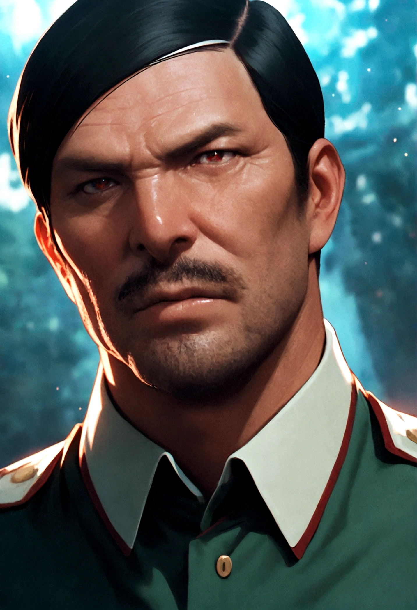 Major General middle-aged man, with a proud expression, the background is very large, and the combat command has many big screens