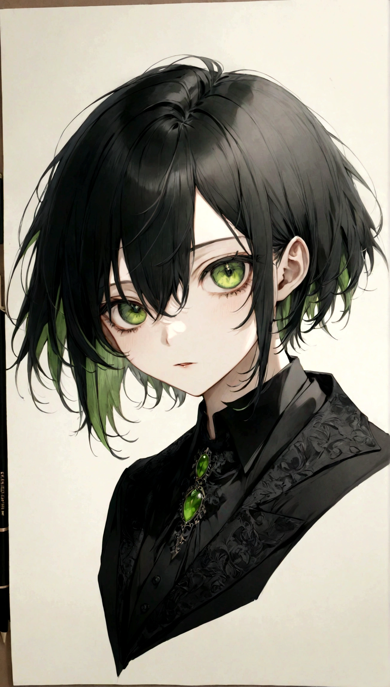 Vampire drawing short black hair green eyes black clothes