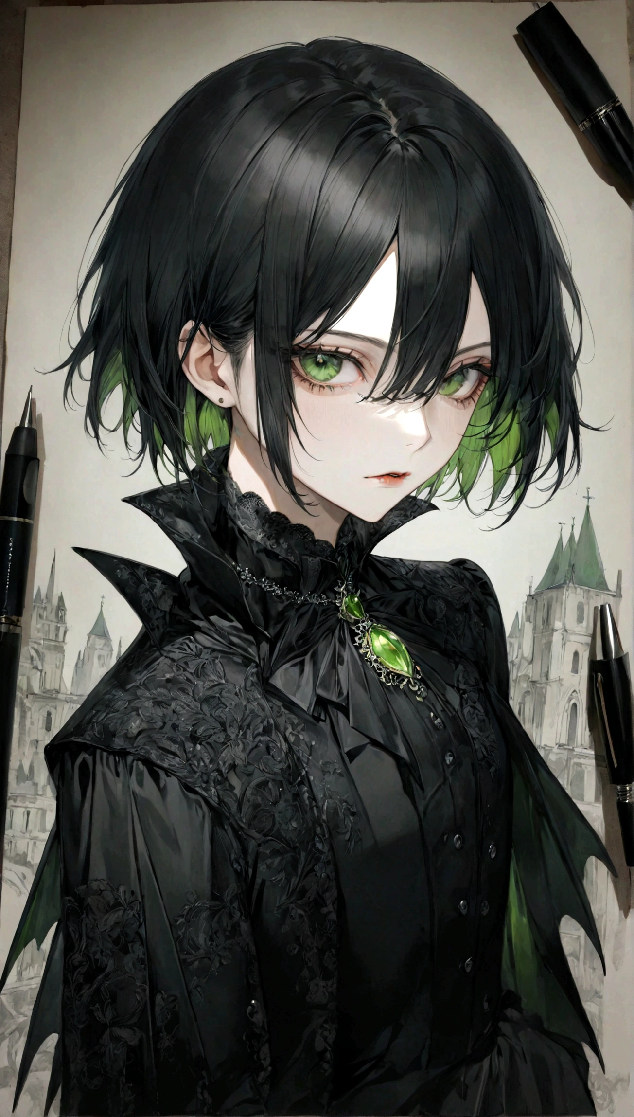 Vampire drawing short black hair green eyes black clothes