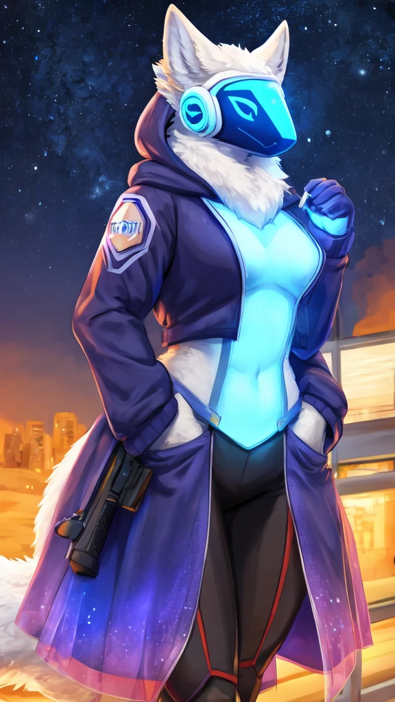 8k, 4k, Detailed, High quality, furry, female, mature female, by buta99, arctic protogen, long visor, blue visor, tuft neck, fluffy tail, sexy body, futuristic assasin clothing, hoodie, riffle