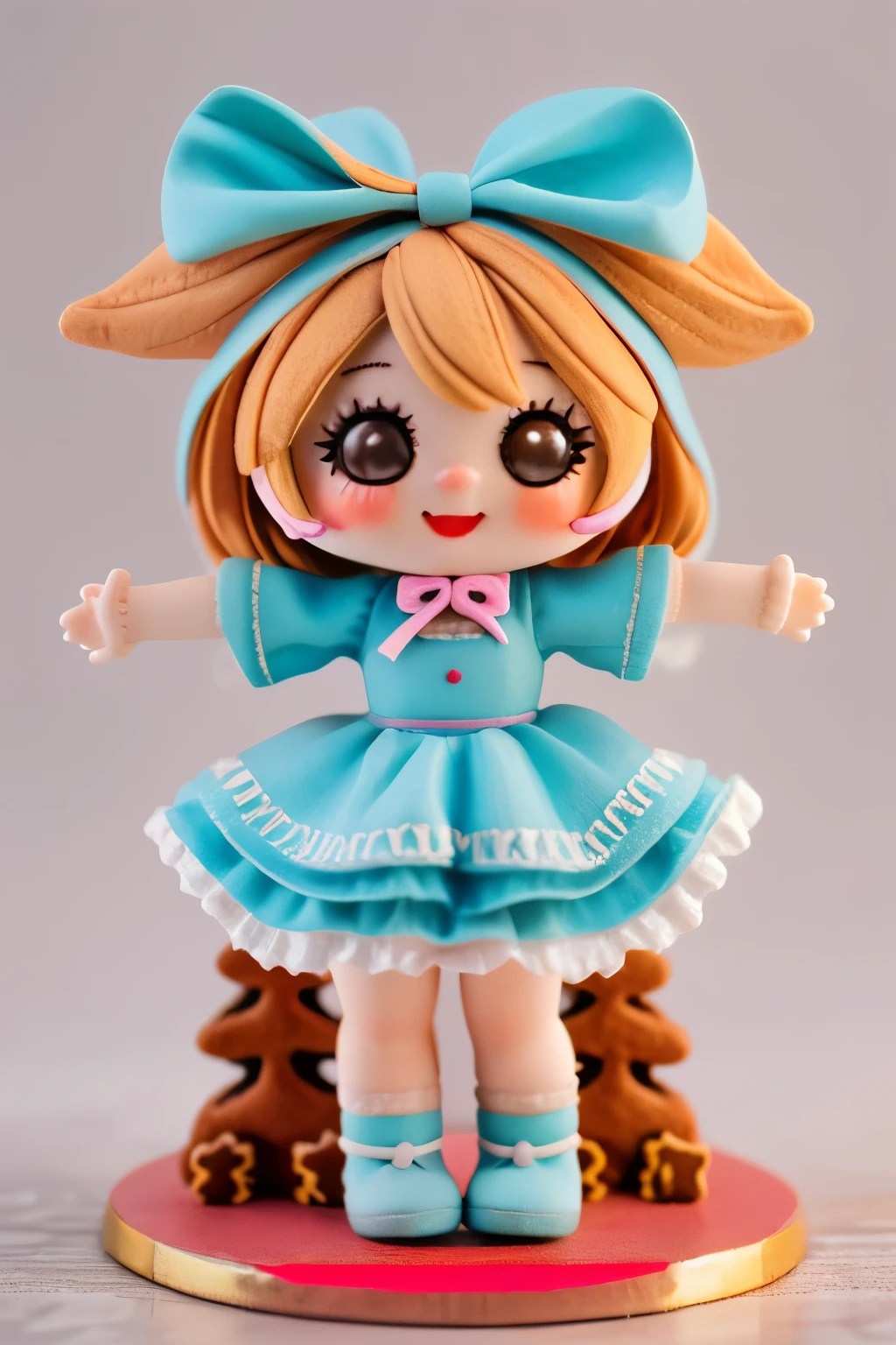 Photorealistic、Chibi Girl Doll(Posing cheerfully in front of a gingerbread house、Dynamic Pose)