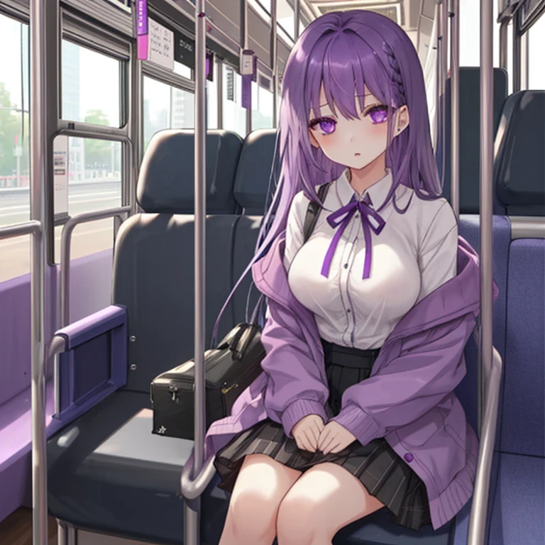 1 girl、Mature、Ample breasts、Purple Hair、Long Hair、Sharp Eyes、In the bus、Take a seat、Window seat、It's raining outside、Water droplets on the window、Looks bored、Rest your cheek on your hand、