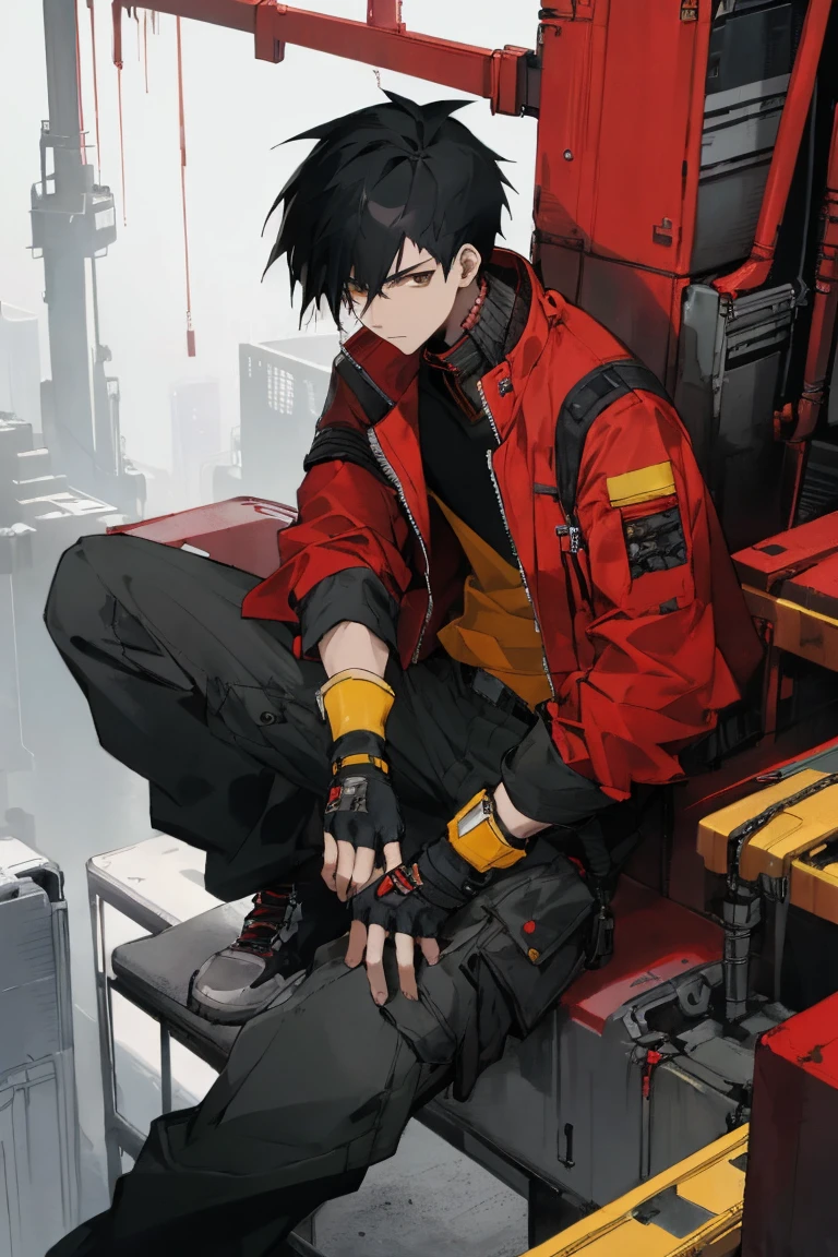 ((highest quality)), ((masterpiece)), (be familiar with), 1 male, alone, Black Hair,Spiky Hair,cargo pants,Red jacket,Yellow Shirt,Large,Fingerless Gloves, cyber punk,SF,