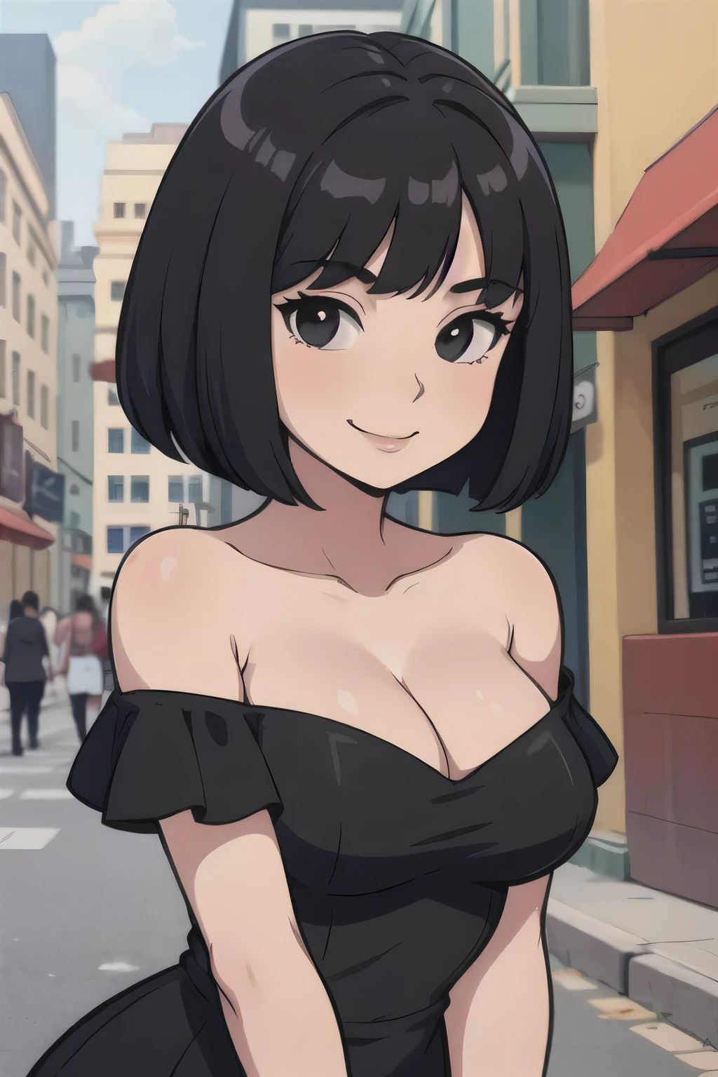 one-girl,medium breasts,cleavage,Bust photo,looking at viewers,portrait, short black hair,bob cut, black eyes, strapless, Red and Black dress, Off-the-shoulder attire,City streets, smile, sunny day, 2D illustration,