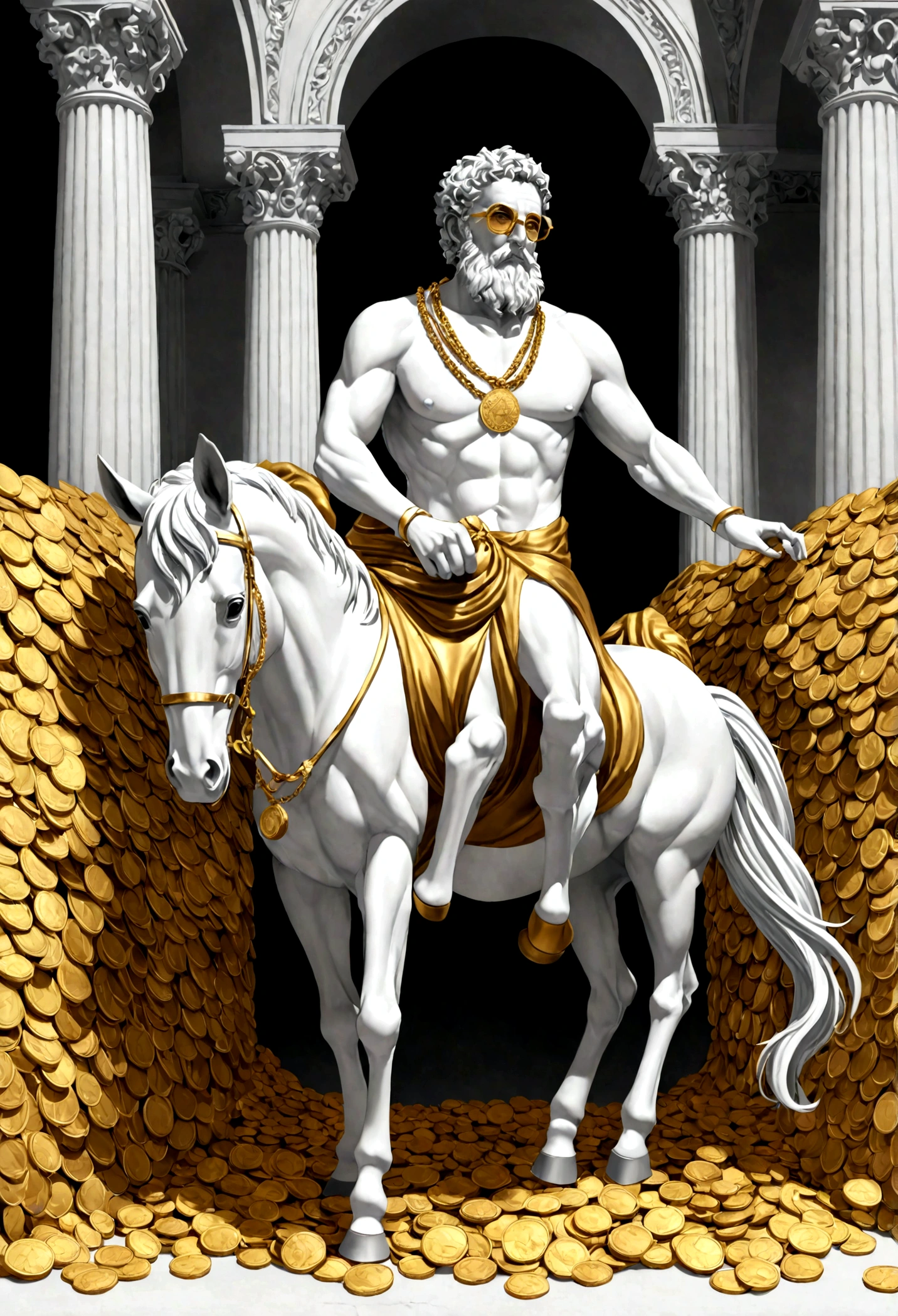 I want a sculpture of stoic philosophers with a black and white background. The picture should focus on the philosphers holding money or in a meeting and showing wealth. It should be a full-body sculpture with walls or buildings in the back ground. Hyper realistic wearing the gold chain glasses several gold coin scattered on the floor Best for creating fairy horse style and sharp lines.