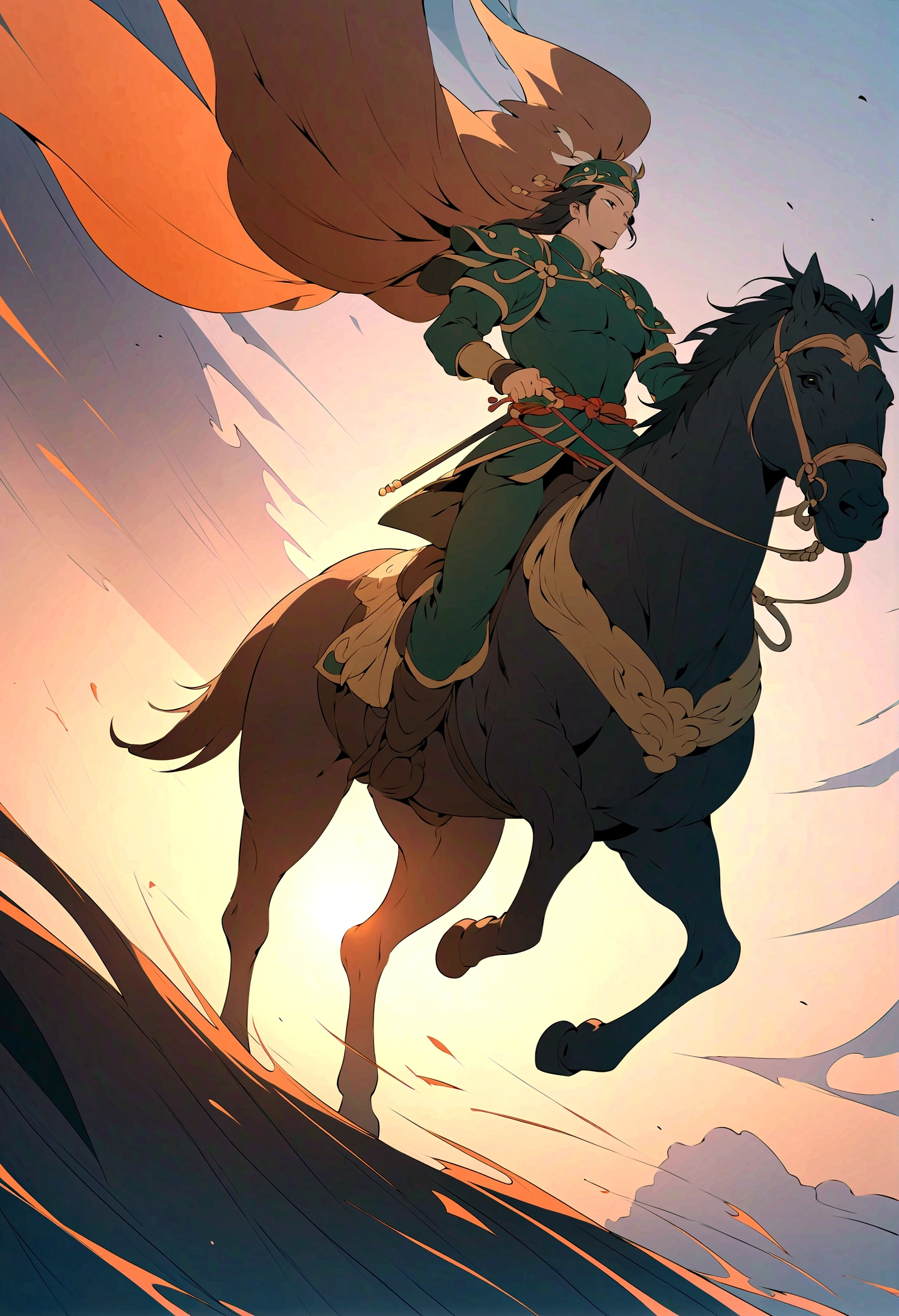 Guan Yu Riding Alone,momentum,Awesome,Strong body,Magnificent,Perfect composition,Very artistic illustration,masterpiece。