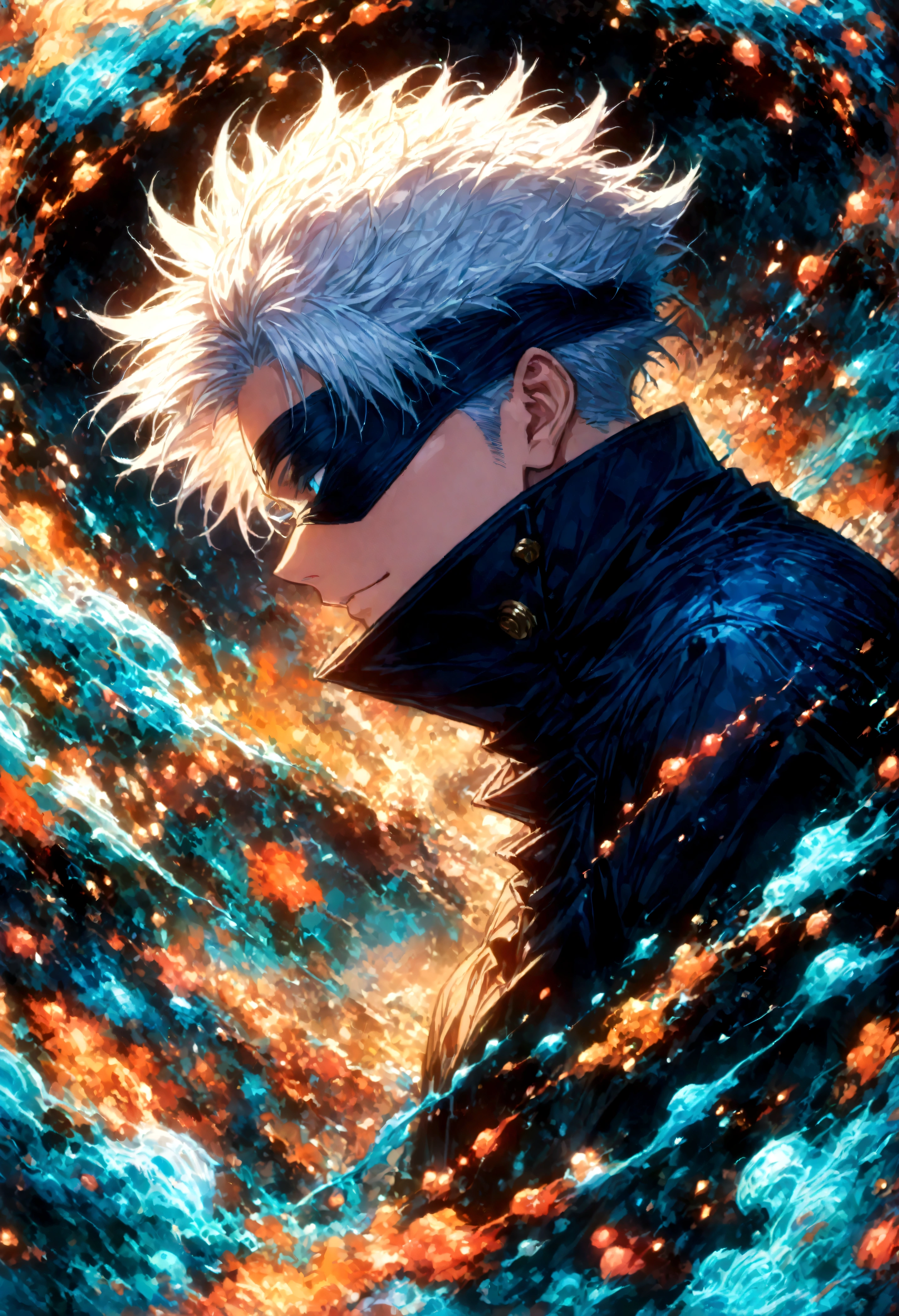 (1 male,satoru gojo,jujutsu kaisen,Gray Hair),(Gojo Satoru Costume Details:Black clothes with a high collar,(Black blindfold)), (Infinite Emptiness)Draw a scene from,Cynical smile,,Gojo is a tall adult male.,A highly likeable male character,Rising pale energy,Ishida Midori Style,I was impressed by Yoshihiro Togashi.,Black, white and blue as main colors,Intricate details,Wind,Impressive illustration work,Decadent,artwork,Perfect Anatomy,Anatomically correct,,Dynamically,nice,wonderful,Dark fantasy,Light and Darkness,Lift the blindfold with one hand to reveal your blue eyes,(masterpiece:1.3),(highest quality:1.4),(ultra detailed:1.5),High resolution,extremely detailed,unity 8k wallpaper,Close-up shot