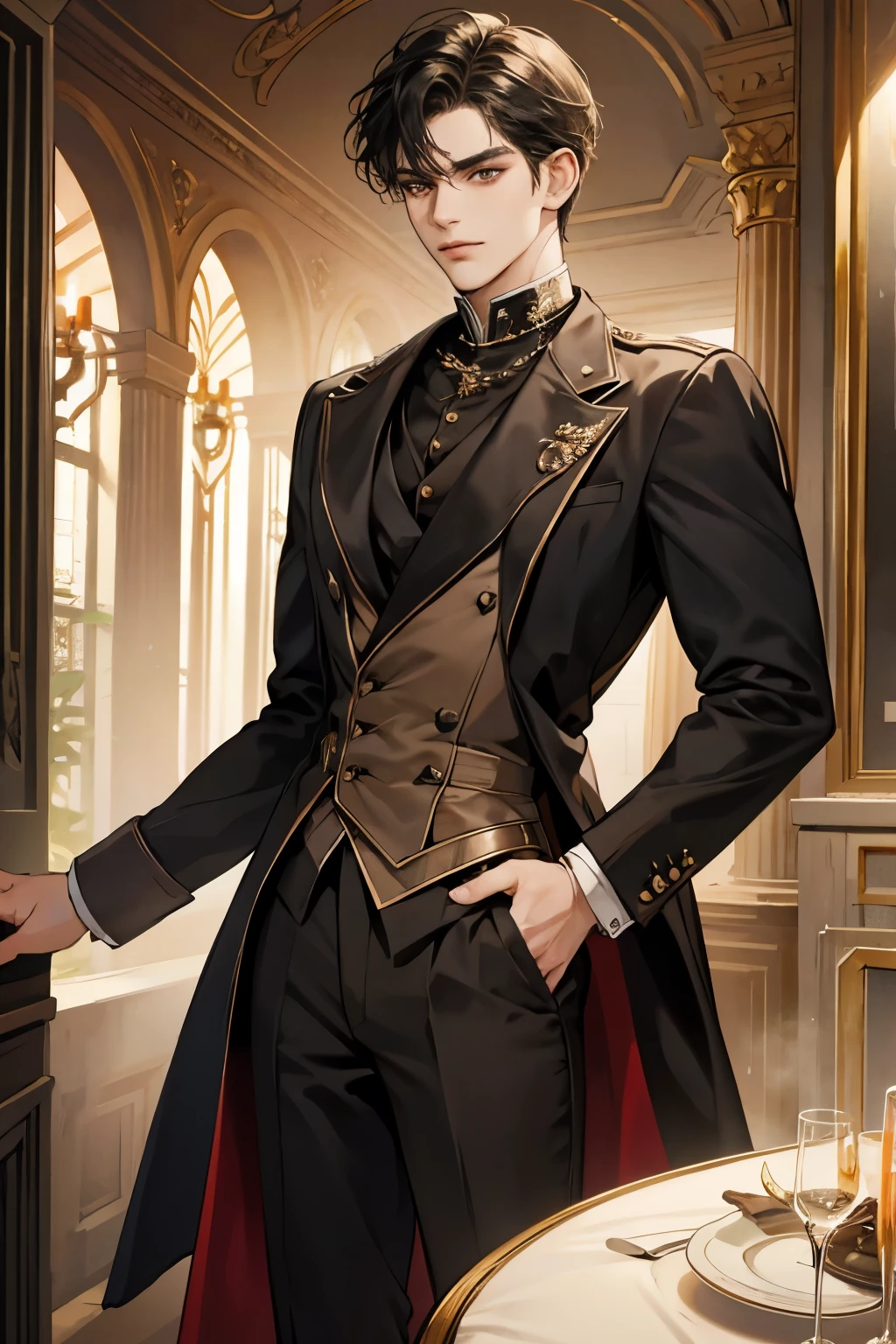 Victorian Era,Europe in the 18th century,male,22 years old,Bright brown eyes，black hair,Handsome,Slim,High，Simple and elegant aristocratic clothing, Standing in the luxurious banquet hall, Delicate and meticulous, 8K, Reality, Dramatic Lighting, high quality, Complex design, classical portrait