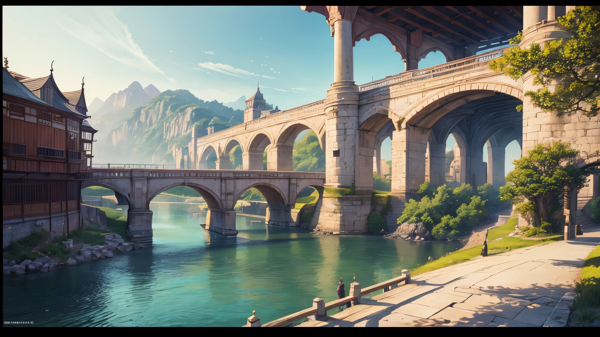 a view of a river with a bridge and a boat, High quality 8k detailed art, Highly detailed 4K digital art, ville chinoise de rêve, peinture fantastique réaliste, peinture mate fantastique，mignon, epic matte paint&#39;an island, paysage artistique fantastique, andréas rocha style, detailed fantasy digital art, rendu fantastique réaliste, Detailed digital art 4k