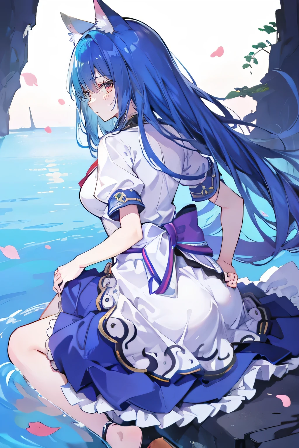 (masterpiece:1.2),Extremely detailed,Practical,expressive eyes,Fair skin,Perfect face shaping,1 Girl,
Japanese cartoons,Gorgeous blue hair, the long flowing blue hair,Floating clothes,Cat ears,Petals fall,beautiful lola,Young Angel,
Place your hands on your waist,sit elegantly on the ground,Cross your legs,Gentle and peaceful background,church,Wedding dress,back view,lie on the water,Large Breasts, H Cup, Good breasts, Place your hands on your waist,beautiful, Gorgeous,Japanese cartoons,girl,Lola,Hina Angel, Blue Hair, Blue Haired,Tent breasts, tent box, tent chest, Floating clothes,Grab your waist, Grab your waist, Hands on Hips , hands on hips,sit, sit on ground, Legs on the ground.