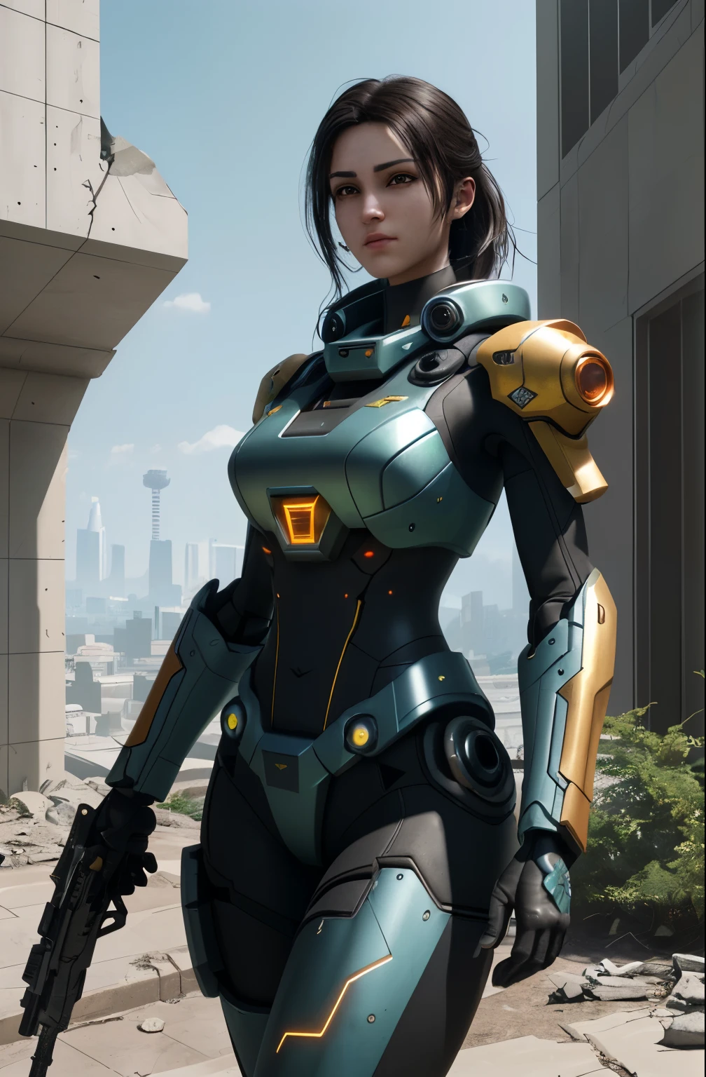 ((Best quality)), ((masterpiece)), (highly detailed:1.3), 3D,Shitu-mecha, beautiful cyberpunk women with her mecha in the ruins of city from a forgoten war, ancient technology,HDR (High Dynamic Range),Ray Tracing,NVIDIA RTX,Super-Resolution,Unreal 5,Subsurface scattering,PBR Texturing,Post-processing,Anisotropic Filtering,Depth-of-field,Maximum clarity and sharpness,Multi-layered textures,Albedo and Specular maps,Surface shading,Accurate simulation of light-material interaction,Perfect proportions,Octane Render,Two-tone lighting,Low ISO,White balance,Rule of thirds,Wide aperature,8K RAW,Efficient Sub-Pixel,sub-pixel convolution,luminescent particles,light scattering,Tyndall effect
