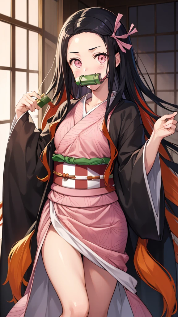 Nezukokamado, nezuko kamado, bamboo, (bit gag:1.5), Black Hair, (amount:1.5), gag, gagged, Hair Ribbon, Long Hair, Multicolored Hair, (Pink Eyes:1.5), Orange Hair, elongated pupils, Wavy Hair, Two-tone hair, break asa no ha (pattern), checkered sash, Haori, kimono, kimono, Long sleeve, heart, pink kimono, sash, wariza, Wide sleeves, break looking at viewer, break indoors, break (masterpiece:1.2), highest quality, High resolution, unity 8k wallpaper, (figure:0.8), (Beautiful fine details:1.6), Highly detailed face, Perfect lighting, Highly detailed CG, (Perfect hands, Perfect Anatomy),