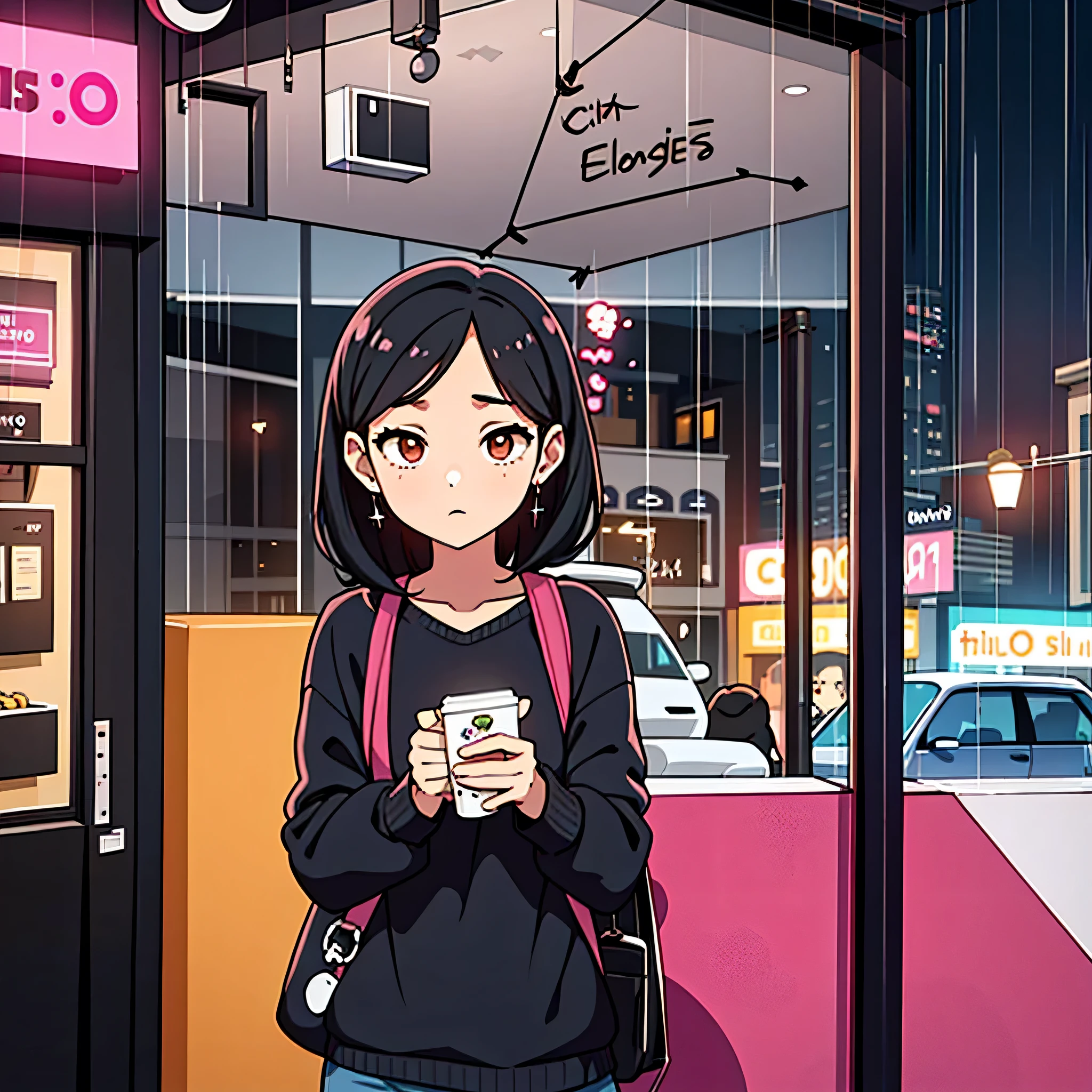 ((pop urbano)), Coffee shop, Operate a smartphone, chica, cabello rosado, alone, Usando auriculares, fondo rosa, gran angular, tiro al medio cuerpo, Operate smartphone, rainy day, noche