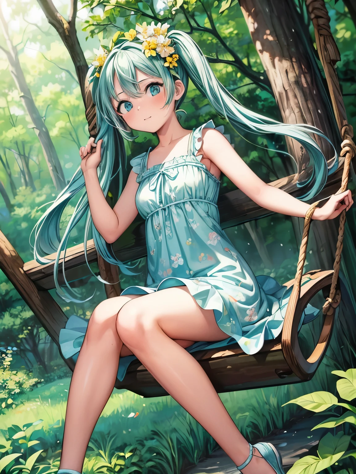 (masterpiece、highest quality、highest quality、Official Art、Beautiful and beautiful:1.2)、(One girl:1.3)Hatsune Miku、Twin tails,Beautiful breasts,Full body photo of a beautiful 25 year old girl playing on a swing hanging from a tree in the forest, Wearing a short yellow swirly frock like a flower, Attractive feminine shape, Beautiful thighs, Morning light, Disney Pixar