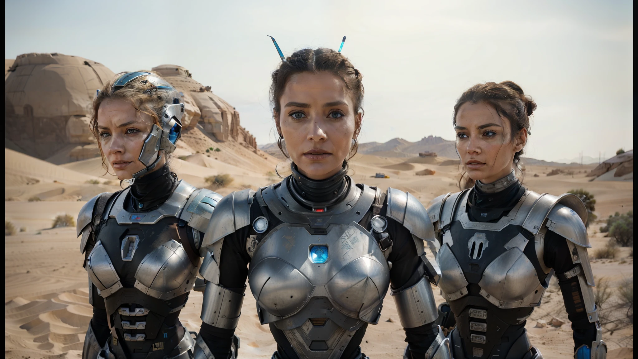 three robots in a desert with a sky background, film still from movie dune-2021, movie still of aztec cyborg, transformers : the last knight, robot cyborgs, perfect cyborg female, movie still of a villain cyborg, exoskeleton armor, beautiful alluring female cyborg, intricate cyborg armor, movie still of a cool cyborg