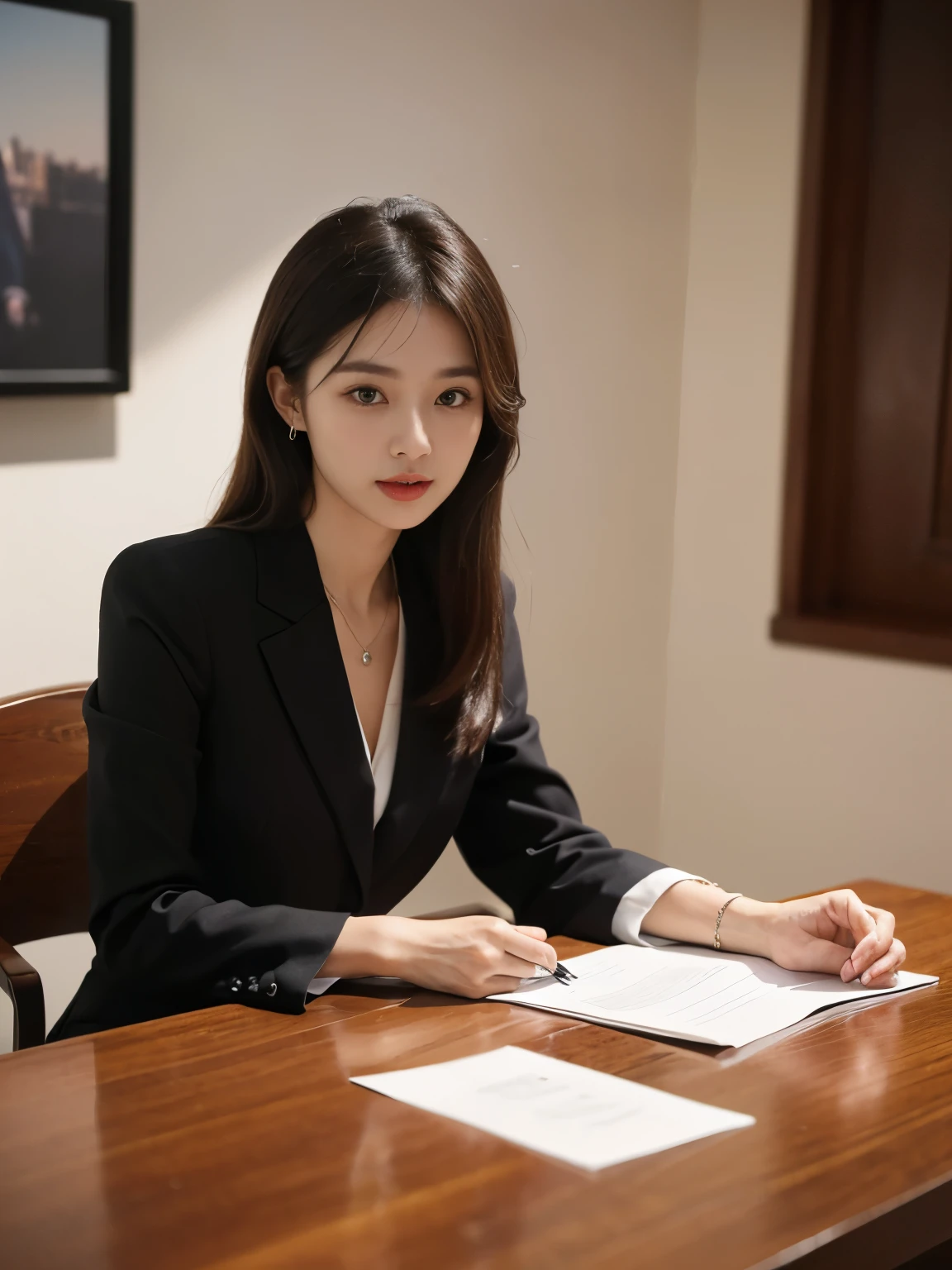 ((highest quality、Tabletop、8k、Best image quality))、((一人の成熟したwoman、She holds the most luxurious CEO position.&#39;office、Standing Elegantly、Secretary with elegant posture))、(photograph 1 枚:1.5)、(woman&#39;photograph&#39;Upper Body:1.5)、(womanカウボーイのショット:1.5)、(Hair Bun、Grey suit、White Formal Blouse)、(The most luxurious and extravagant Royal VIP room、bright lighting of chandelier、The most luxurious and extravagant desk、The most luxurious and extravagant glass showcase、the most luxurious and luxurious chair、the most luxurious and luxurious carpet、the most luxurious and luxurious curtains)、Perfect Anatomy、Beautiful Teeth、(Sad Smile)、Detailed face、[[Big ample breasts]]