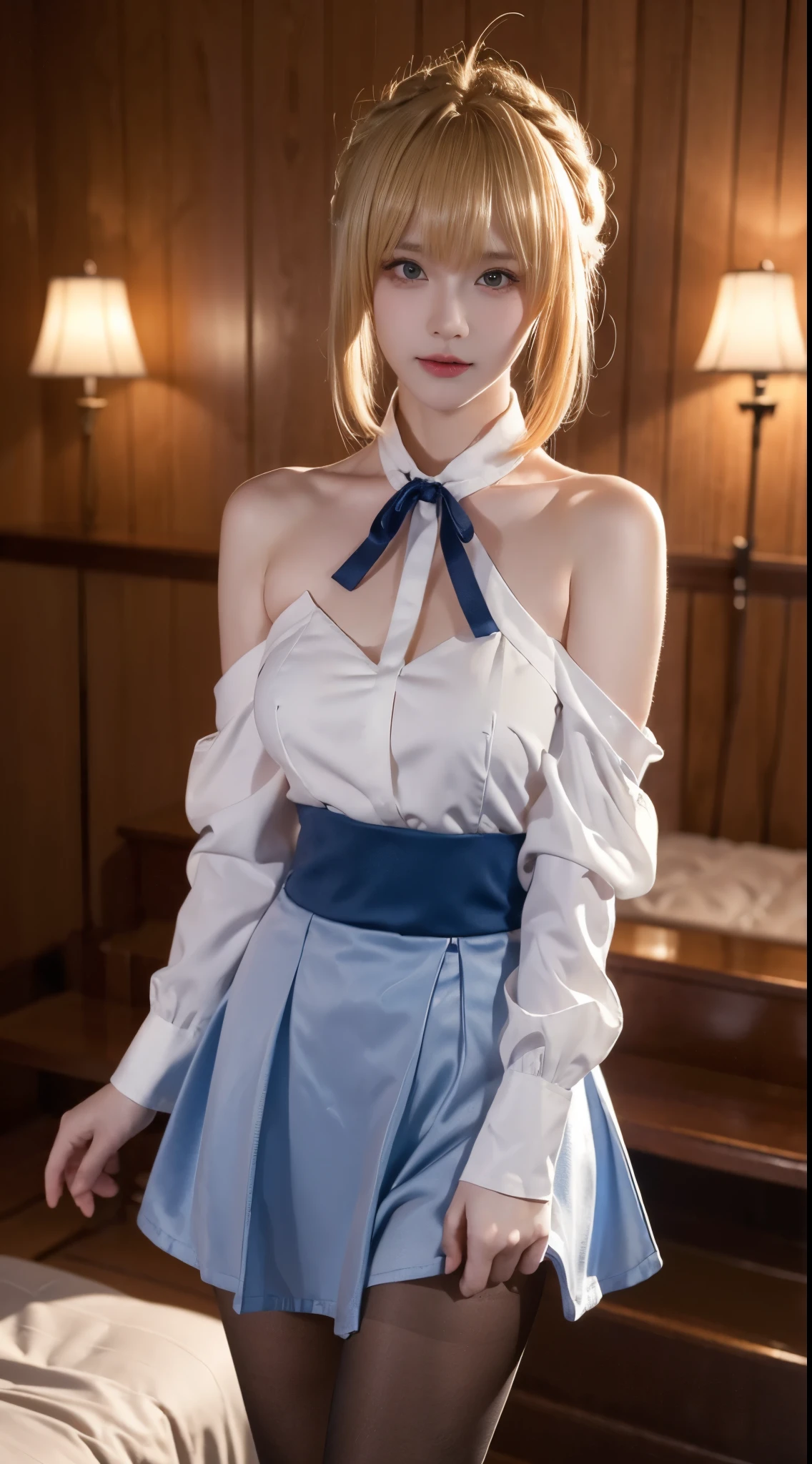 saber, 1girl, artoria pendragon \(fate\), solo, cosplay, pantyhose, shirt,skirt, neck ribbon, long sleeves,casual, blouse, skirt, blonde hair, ahoge,hair ribbon, short hair, braided bun, sidelocks, bangs, ((cowboy shot)), ((Bare shoulder)), ((Short hemlines, sexy long legs)), ((Elegant and charming posture, random view shots)), realistic detailed photo of a giant breasted girl with exposed shoulders, detailed fingers, high quality skin, red eyes, alone in a winter scene with clouds, wind, and flowing hair, (best quality,4k,8k,highres,masterpiece:1.2),ultra-detailed,(realistic,photorealistic,photo-realistic:1.37),studio lighting,vivid colors