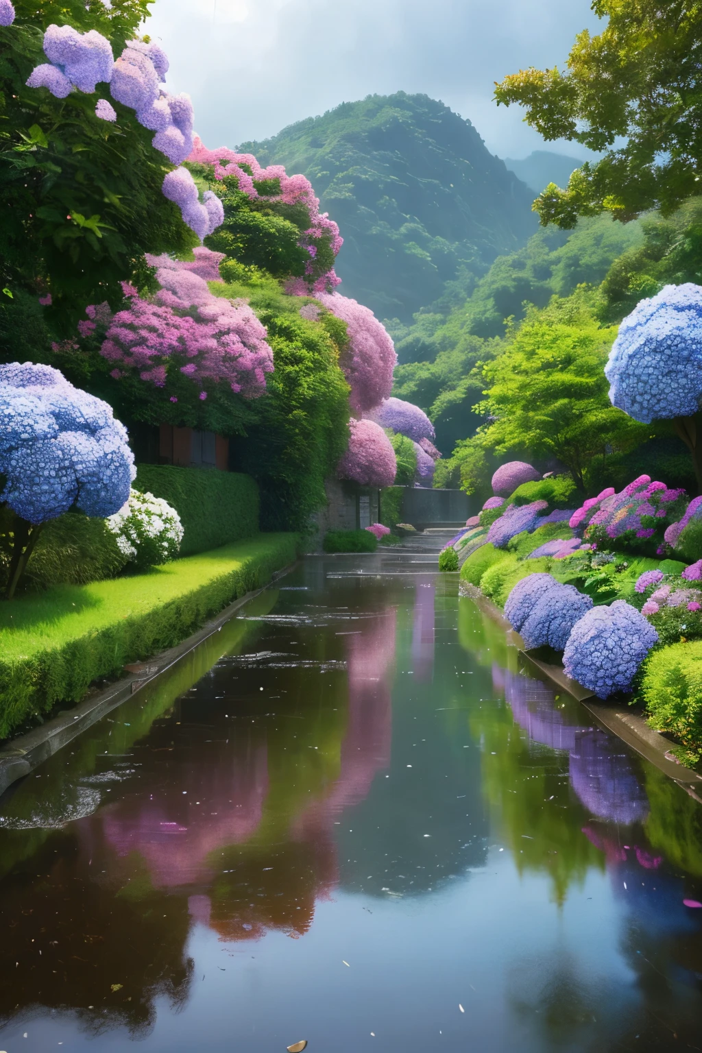 ((highest quality)), ((masterpiece)), (detailed),landscape,rain,Hydrangea,School zone,fantasy,water,flower,