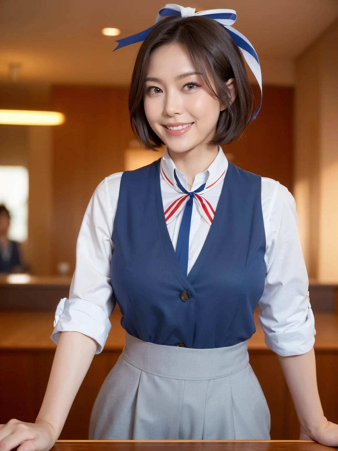 最high quality, In 8K, Masseter region, Vibrant, Sharp focus, high quality, High resolution, Detailed face, fine grain, Thick lips, (Looking at the audience), alone, Beautiful woman, 38 years old, Japanese women, （Short black hair:1.4）、（Bob Hair:1.4）, Cleavage, Lunch break、State-of-the-art corporate headquarters、（近代的なビルのwide大なロビー:1.6）、（Large windows、High ceilings、wide々And the Universe）、Large reception counter、（sitting behind the counter:1.3）、（Upper body photo:1）、（Japanese women）、（Mitsubishi Bank uniform:1.8）, （She is wearing a dark blue vest over a white blouse:1.5）, The vest has three gold buttons, （(He is red, A blue and white ribbon around his neck.:1.6)）、（Knee-length dark blue skirt）、（Black pumps:1.5）、（Red lipstick:1）、（(smile:1.3)）、（standard body type）、（D cup breasts）