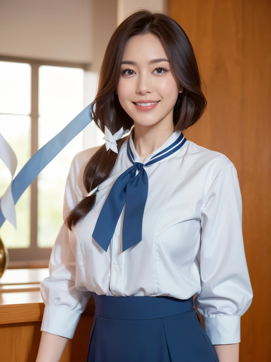 最high quality, In 8K, Masseter region, Vibrant, Sharp focus, high quality, High resolution, Detailed face, fine grain, Thick lips, (Looking at the audience), alone, Beautiful woman, 38 years old, Japanese women, （Short black hair:1.4）、（Bob Hair:1.4）, Cleavage, Lunch break、State-of-the-art corporate headquarters、（近代的なビルのwide大なロビー:1.6）、（Large windows、High ceilings、wide々And the Universe）、Large reception counter、（sitting behind the counter:1.3）、（Upper body photo:1）、（Japanese women）、（Mitsubishi Bank uniform:1.8）, （She is wearing a dark blue vest over a white blouse:1.5）, The vest has three gold buttons, （(He is red, A blue and white ribbon around his neck.:1.6)）、（Knee-length dark blue skirt）、（Black pumps:1.5）、（Red lipstick:1）、（(smile:1.3)）、（standard body type）、（D cup breasts）