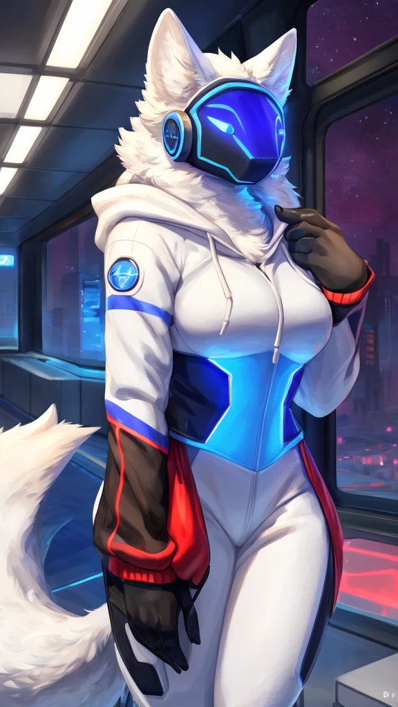 8k, 4k, Detailed, High quality, furry, female, mature female, by buta99, arctic protogen, long visor, blue visor, tuft neck, fluffy tail, sexy body, futuristic assasin clothing, hoodie, riffle