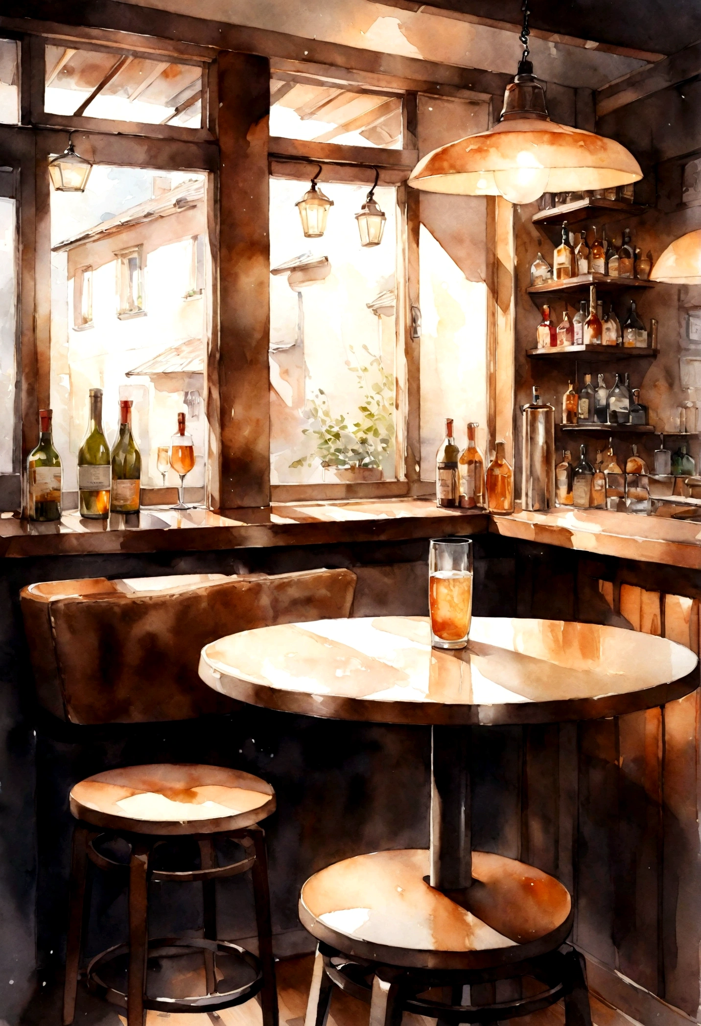 table in a small bar watercolor