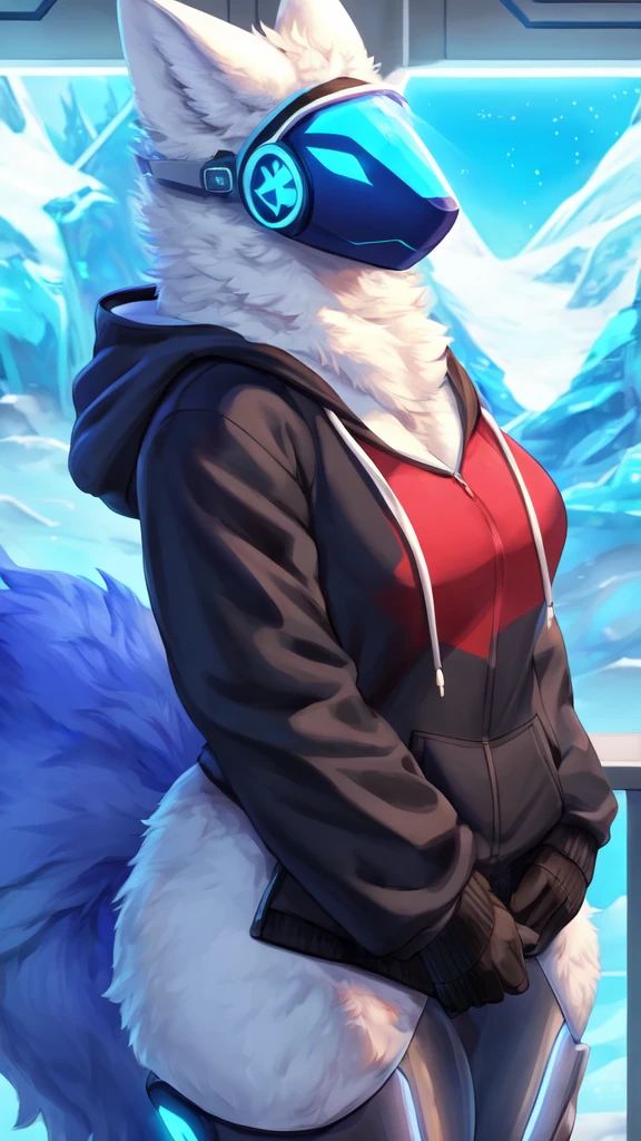8k, 4k, Detailed, High quality, furry, female, mature female, by buta99, arctic protogen, long visor, blue visor, tuft neck, fluffy tail, sexy body, futuristic assasin clothing, hoodie, riffle