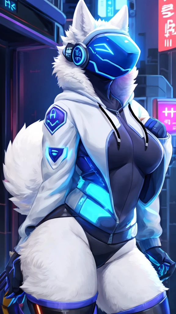 8k, 4k, Detailed, High quality, furry, female, mature female, by buta99, arctic protogen, long visor, blue visor, tuft neck, fluffy tail, sexy body, futuristic assasin clothing, hoodie, riffle