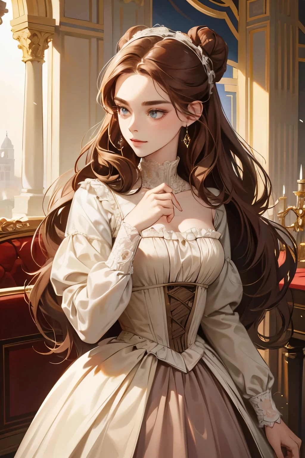 (absurd, High resolution, Super detailed), Beautiful aristocratic woman of victorian era, Europe in the 18th century, reddish brown hair,Exquisite high bun braid hairstyle, curls, elegant ballroom dress, Standing in the luxurious banquet hall, Delicate and meticulous, 8K, Reality, Dramatic Lighting, high quality, Complex design, classical portrait, , enlarged texture, Exquisite eyes and face details, Perfect eyes, matching eyes