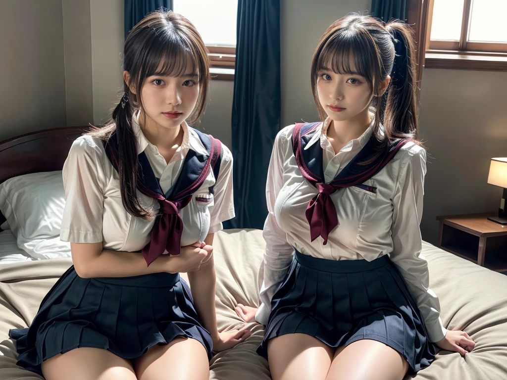(RAW photo, 4k, masterpiece, high resolution, extremely complex) (realistic: 1.4), cinematic lighting
((2 girls, 2 schoolgirls)),Slam Dunk's,blushing,((innocent)),(Dark makeup),bright eyes,round eyes,blunt bangs,(ponytail, from front:1.3),black hair,large breasts,wide hips,Summer Noon, ,Hot, (Best Quality), (Highres), (an Extremely Delicate and Beautiful),(Beautiful 8k face),(Brown eyes),short bob hair,(Looking at the viewer),(large breasts, expresses the roundness and softness of your chest),(Play with each other,Touching each other's bodies,Touching the body),(Japanese high school uniform:1.3),blue skirt,(reality),bright lighting,(The background is a luxury hotel room)