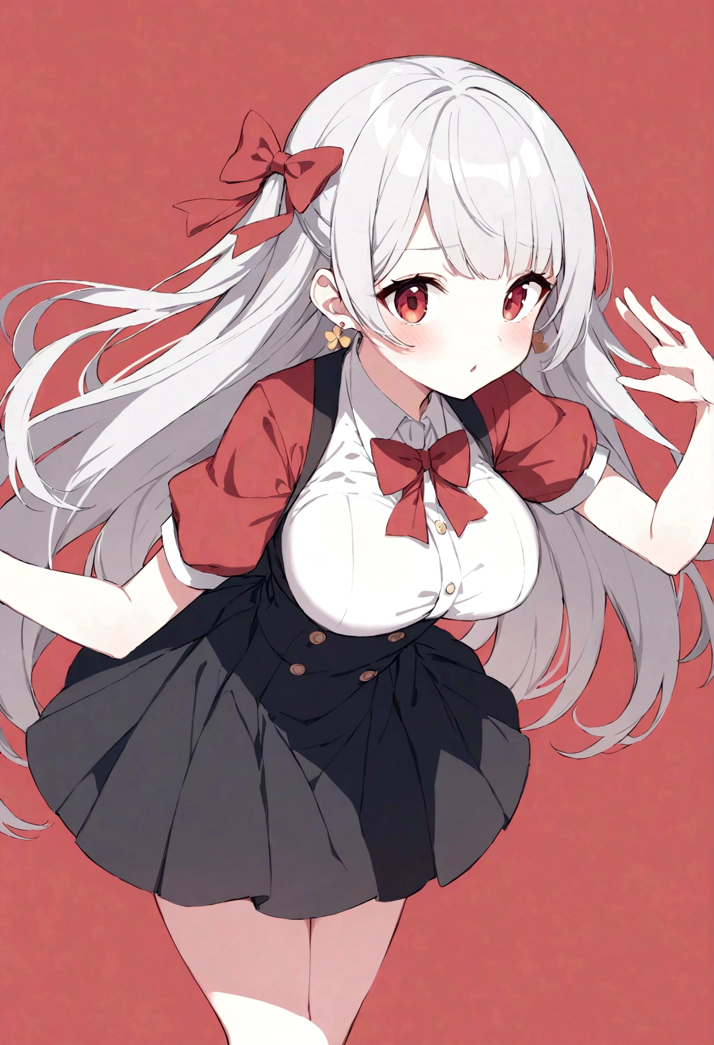 (quality,pixiv,
vinegar,1 Girl,Solitary,earrings,Jewelry,Red Eyes,Red background,breast,Ribbon,long hair,looking at the audience,hair Ribbon,Simple background,like \(destiny\),Ma Kirito Sakura,Bangs,large breast,Short sleeve,black skirt,red Ribbon,transparent,Shut up,skirt,Gray hair,white hair,Puff sleeves,Buttons,red bow,bow,
