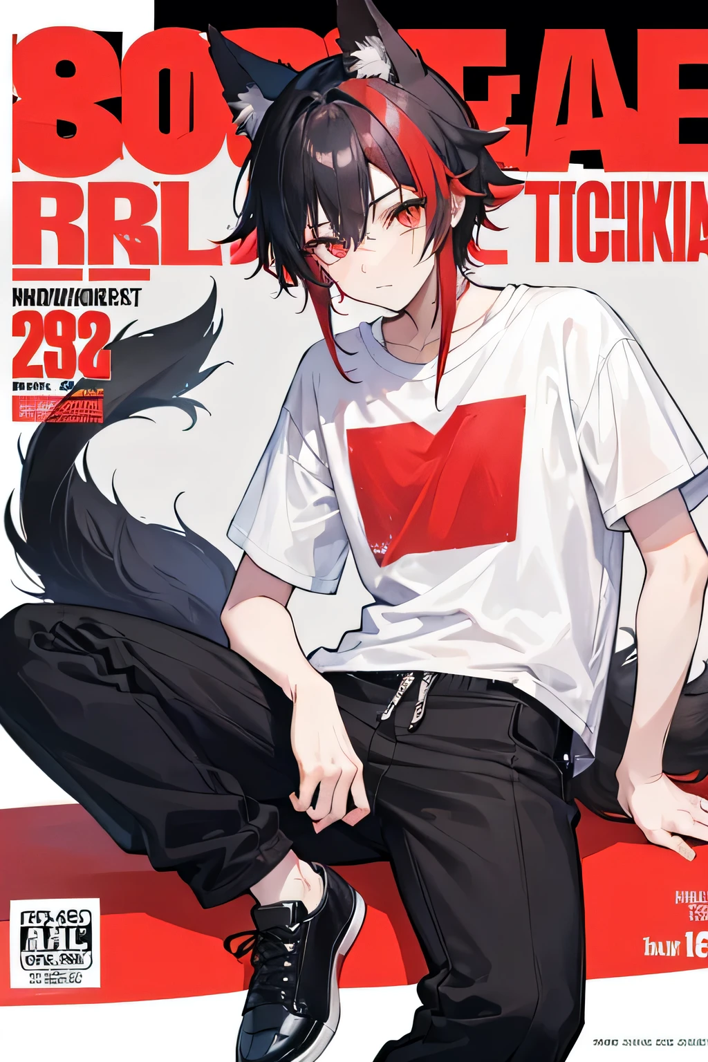 18-year-old boy, has black and red hair, has black fox ears and a tail, is wearing a white T-shirt and has black pants and shoes, is on the cover of a magazine