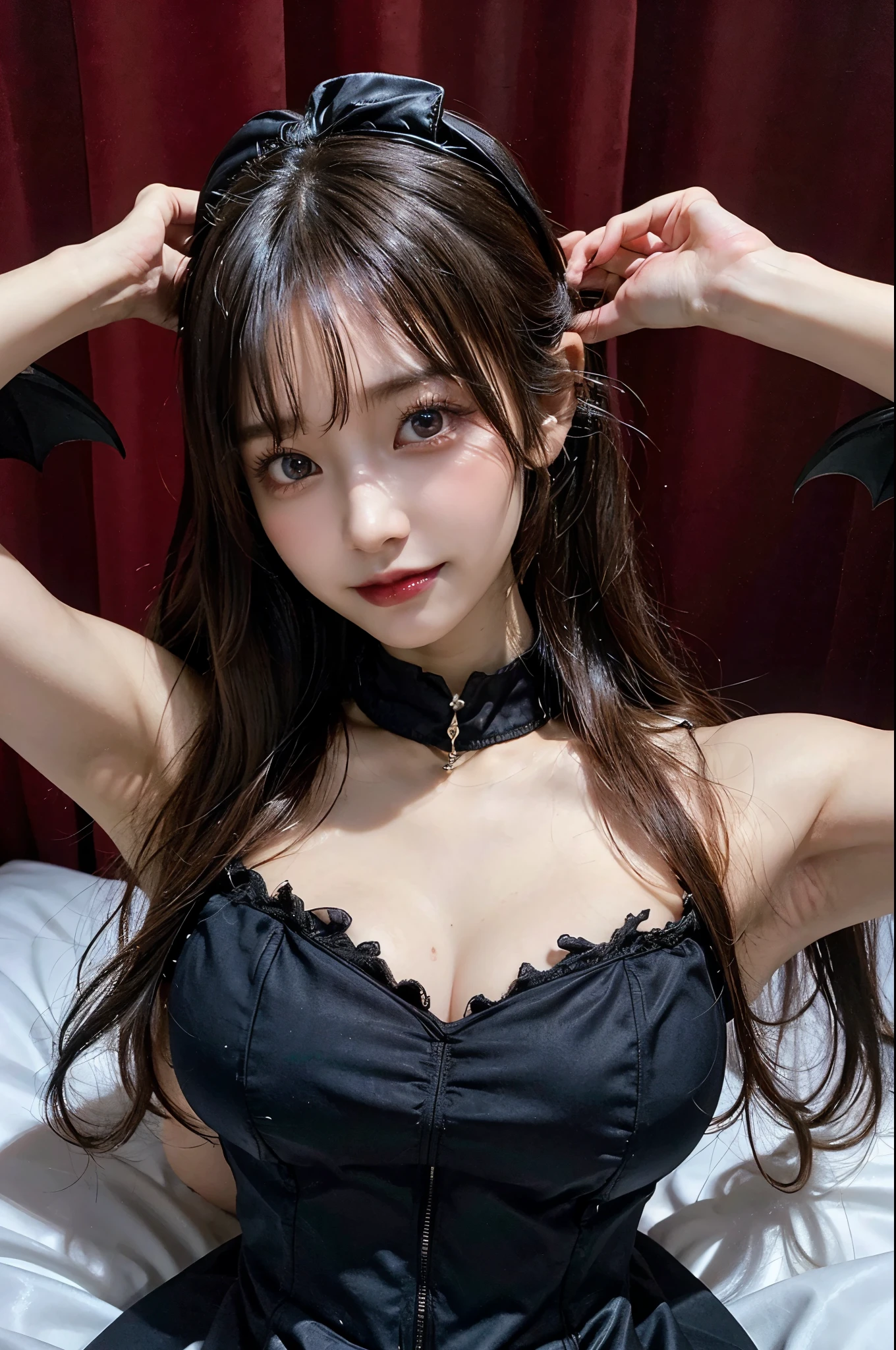 ((Succubus)),（dragon wings）（dragon corner）,(ultra realistic) , (8K), (extremely detailed), (beautiful detailed eyes), (best quality), (ultra-detailed), (masterpiece), (detailed face), solo,1 girl, looking at viewers,Brown eyes, (Very large and round beautiful breasts:1.6)、valley、 Thick thighs, cute、(smile), Sleep in bed, Spread your legs, Maid clothes:1.4, race, One girl, Cozy bedroom、Bright atmosphere、Detailed eyes、There is light in the eyes、Your eyes are sparkling。short hair、Maid clothes、Cosplay、(Gothic Maid、lie on one’s back,pread legs),Luxury bedroom、Palace Bed、Arms above head、Showing off her armpits