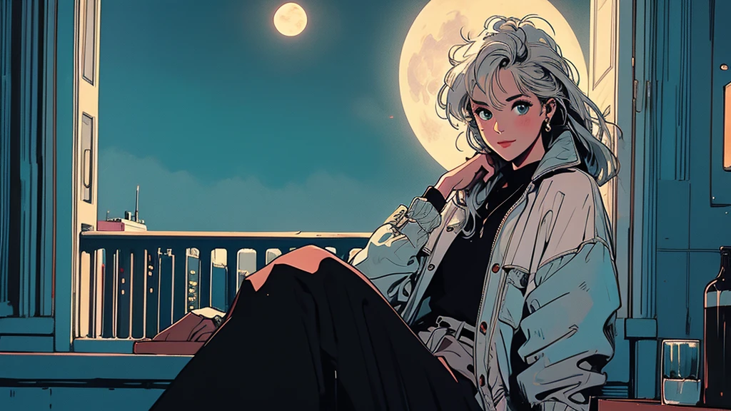(masterpiece), highest quality, Cyan eyes, Light grey hair, Expressive eyes, Jorhaya, Sitting in a high-rise apartment room, Night Sky, Cityscape, View Viewer, City lights, window, highlight, Dramatic Light, Calm face,Smiling、Full moon night