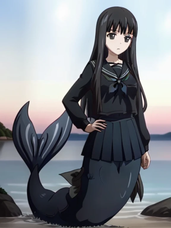 Water, full body, full body mermaid, long mermaid tail below waistline, (masterpiece, best quality:1.2),illustration,8k,hd,1girl,solo,cowboy shot,upper body,(portrait:1.2),long_hair,black_hair,school_uniform,collarbone,blunt_bangs,black_eyes,black_serafuku,long_sleeves,pantyhose,pleated_skirt,neckerchief,hime_cut,